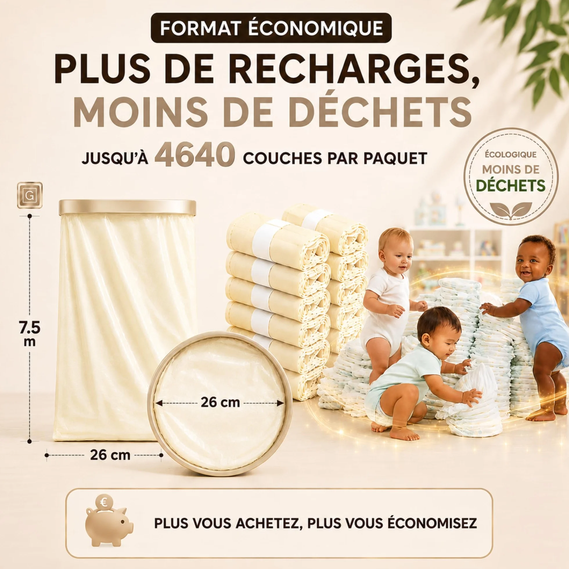 Recharges Poubelle à Couches XXL 12x7,5m Compatibles AngelCare Tommee Tippee Anti-Odeur Sans BPA Antibactérien Étanches