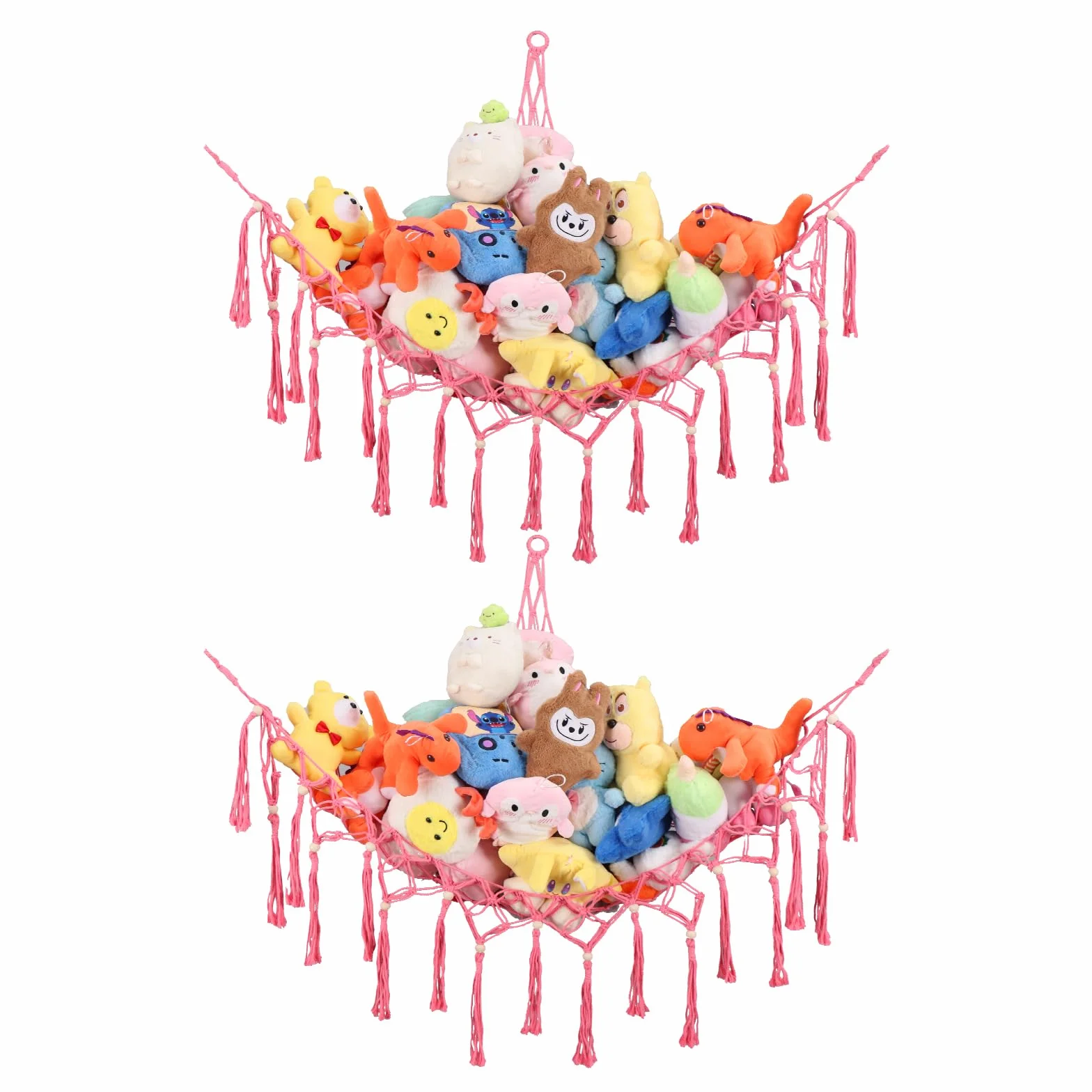 Hamac Rangement Peluches Filet d'Angle Lot 2 Filet Coton Épais Tissé Main Décoration Murale Chambre Enfants Rose