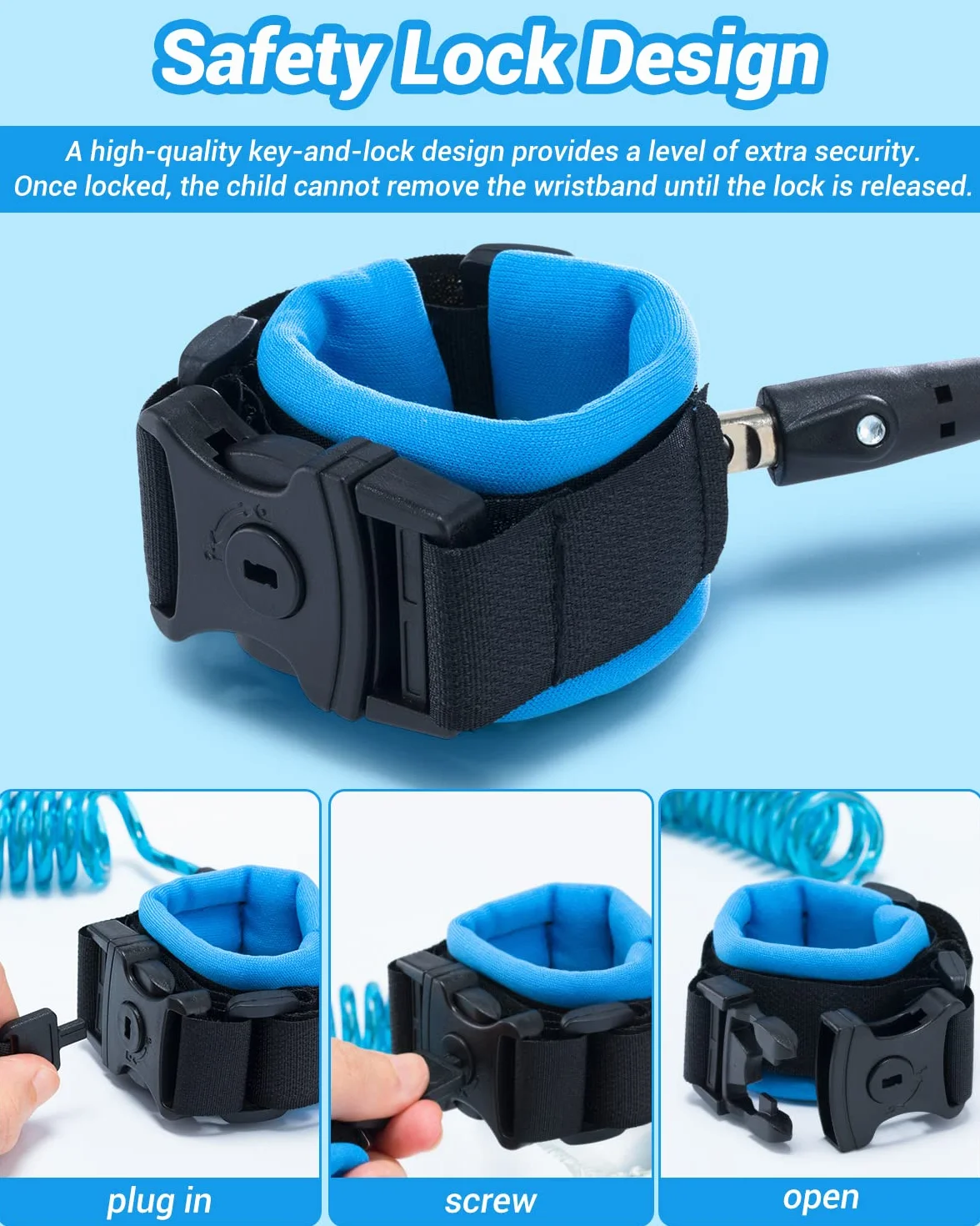 Dr.meter Bracelet Sécurité Enfant 1,2m Laisse avec Verrouillage par Clé Réfléchissant Anti-Lost Wristband Rotation 360° (Bleu + Orange)