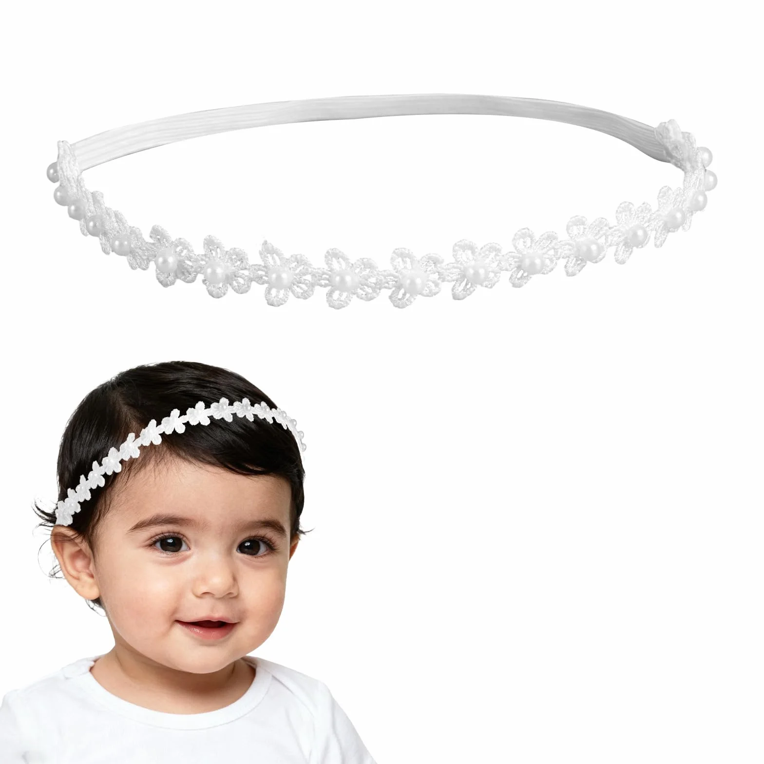 Bandeau Baptême Dentelle Réglable Blanc Perles Fleurs Accessoires Cheveux Filles Bébés
