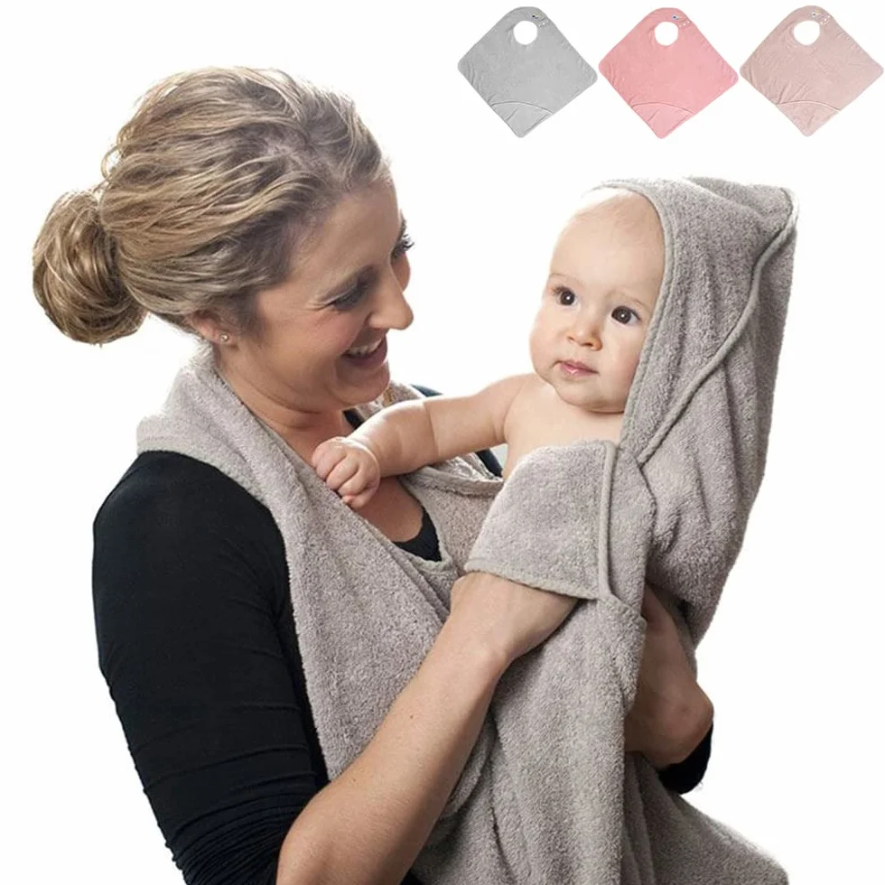 Serviette bébé coton doux absorbant capuche tablier mains libres gris