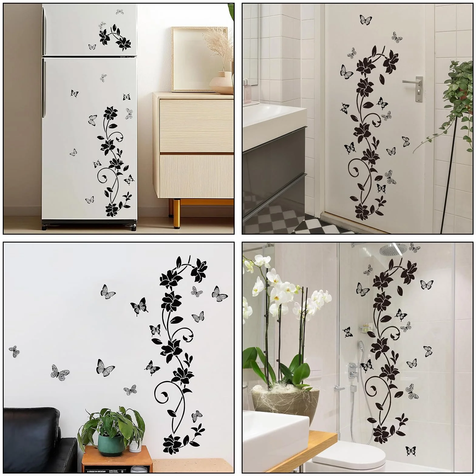 Autocollant Muraux Noir Design Moderne Fleurs Vigne Papillons PVC 30x90cm Decoration Miroir Fenêtre Salon