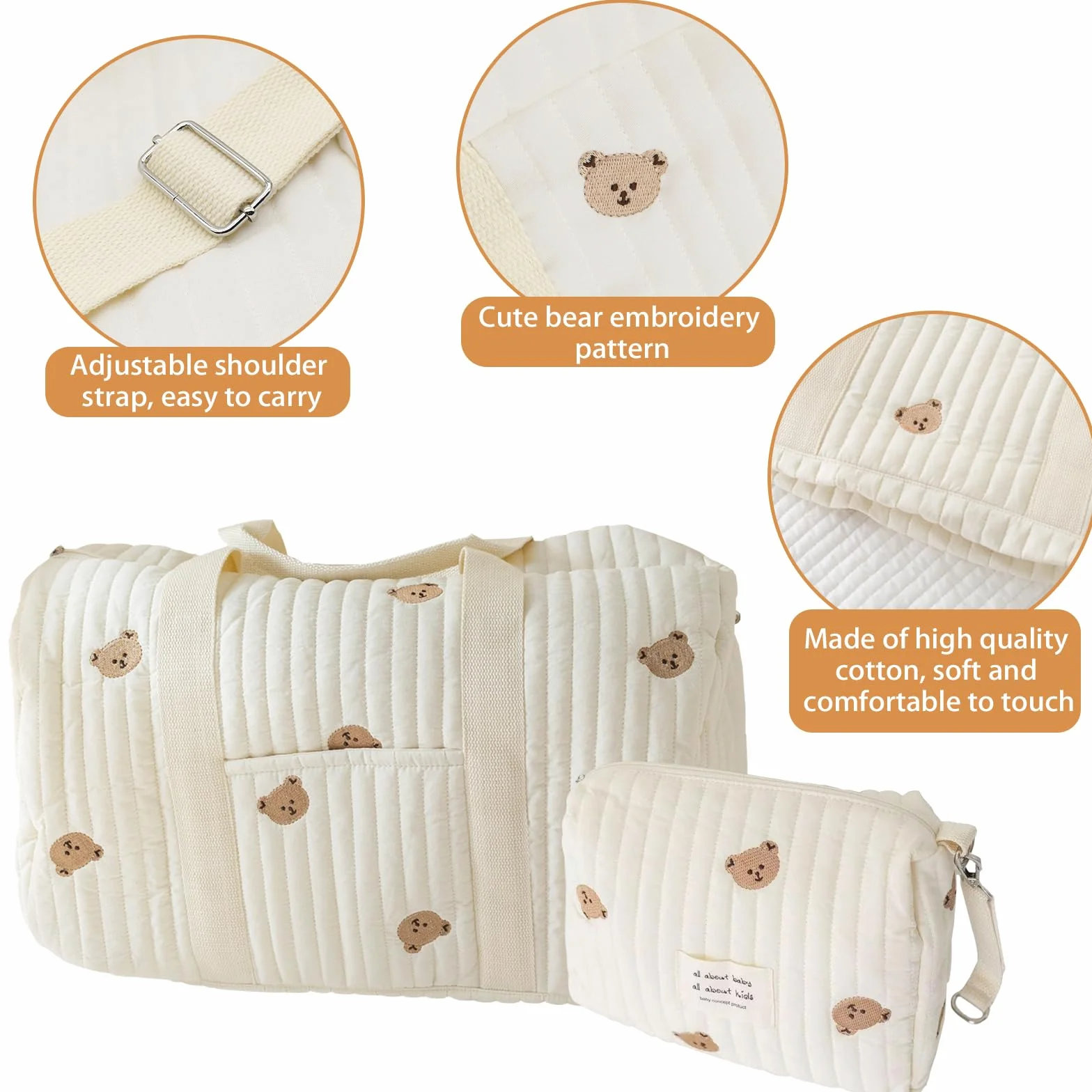 Mommy Bag Sac à Langer Matelassé Grande, Coton Brodé pour Bébé Voyage