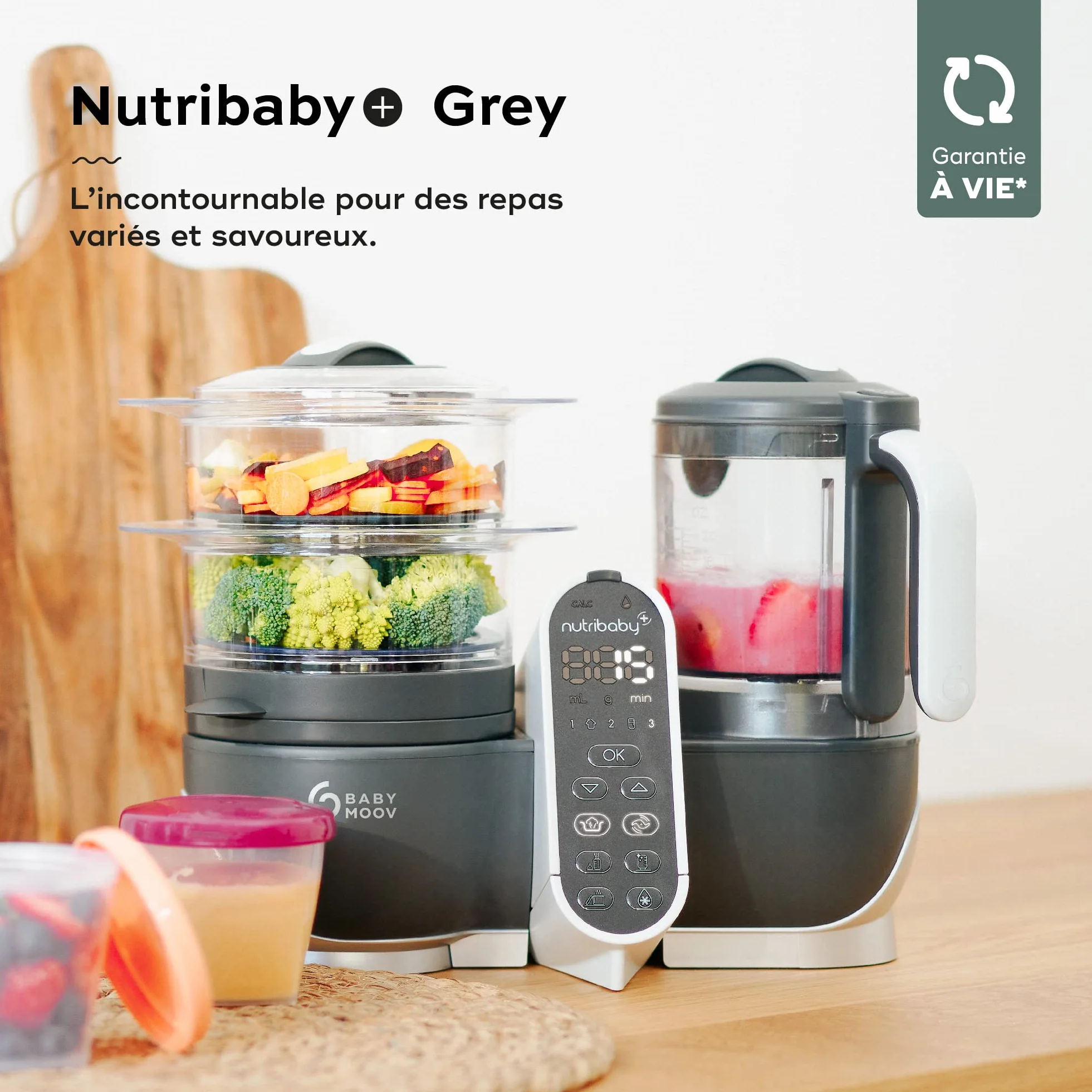Babymoov Nutribaby+ Robot Cuiseur Bébé Multifonctions 6 en 1, Cuiseur Vapeur Mixeur, Grande Capacité 2,2L, Gris