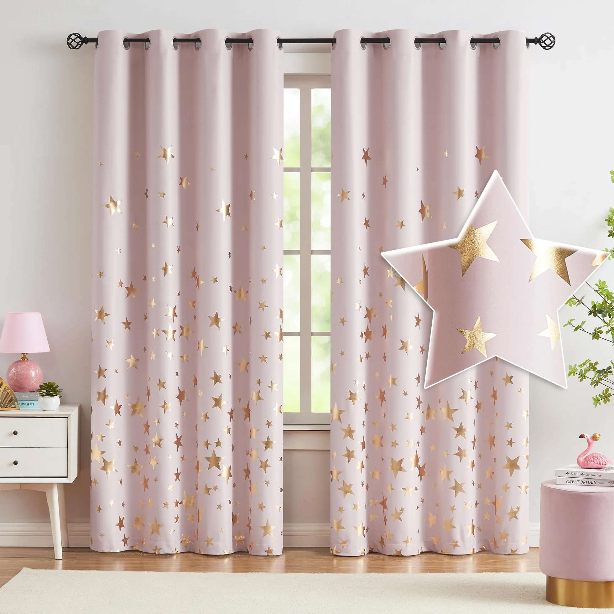 Lot de 2 rideaux occultants à œillets 229 cm Rose Motifs d'étoiles dorées
