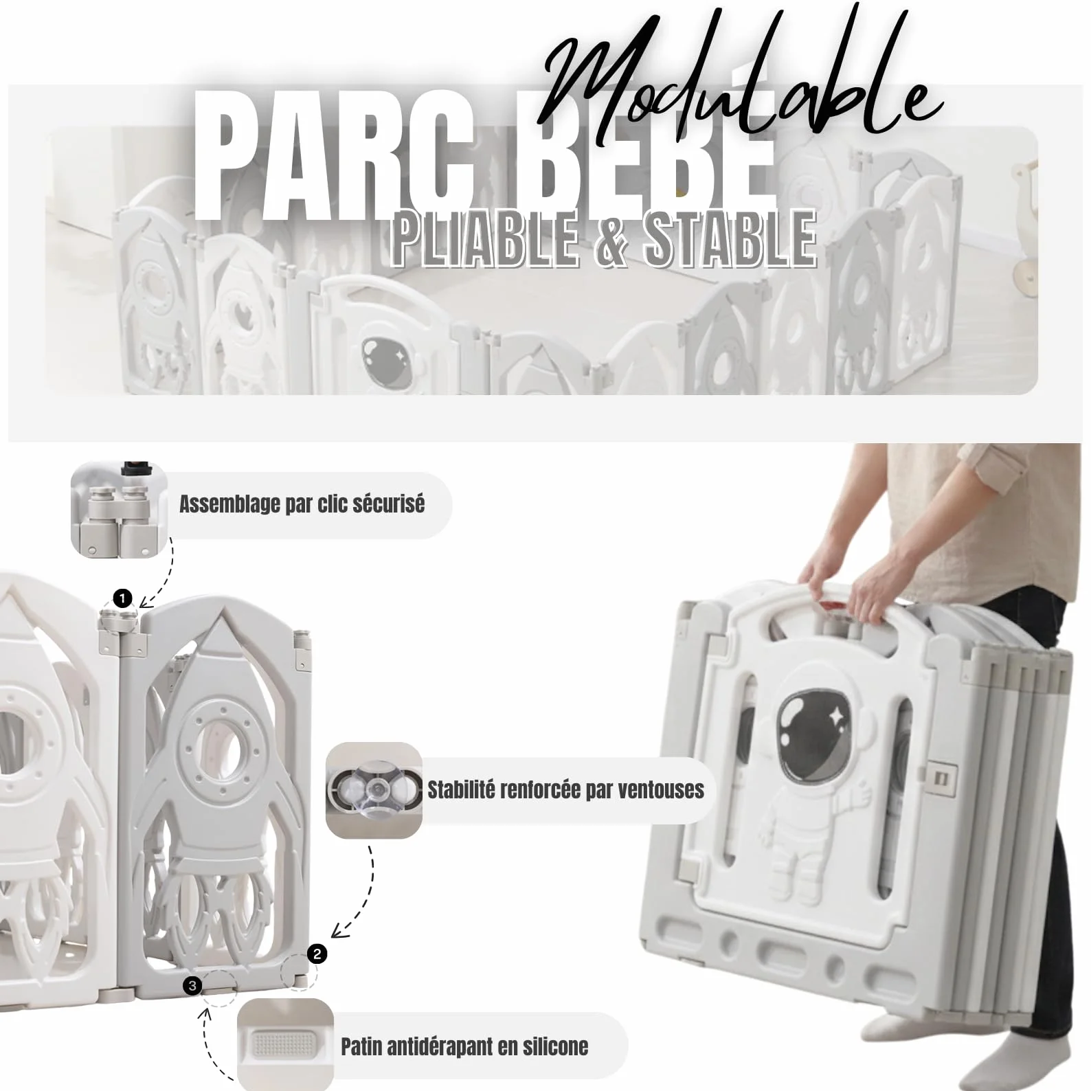 Parc Bébé Modulable 145x145 CM Gris et Blanc – Aire de Jeu Sécurisée pour Enfant