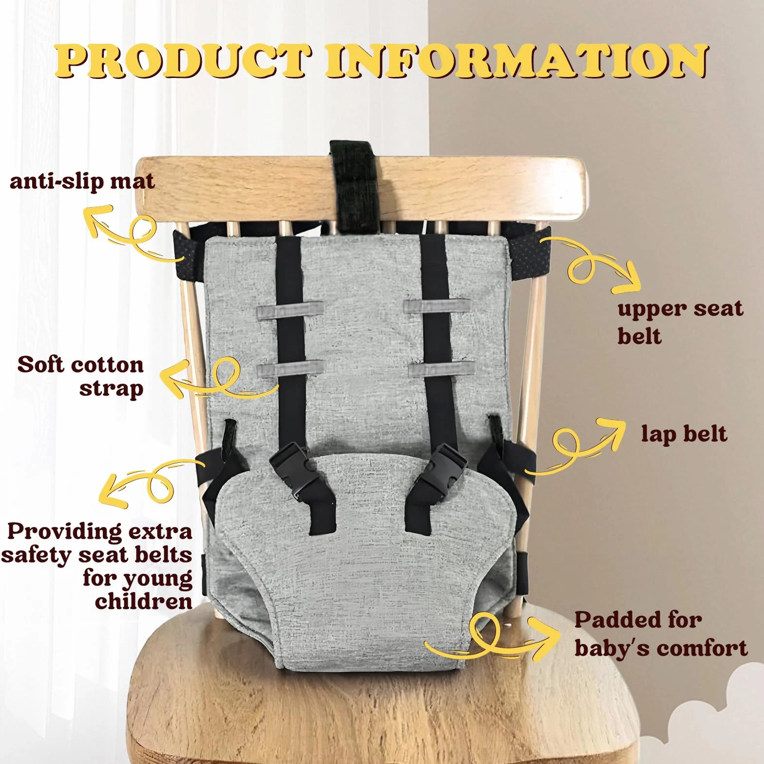 Harnais de Sécurité pour Chaise Haute Bébé Réglable Respirant Voyage Repas
