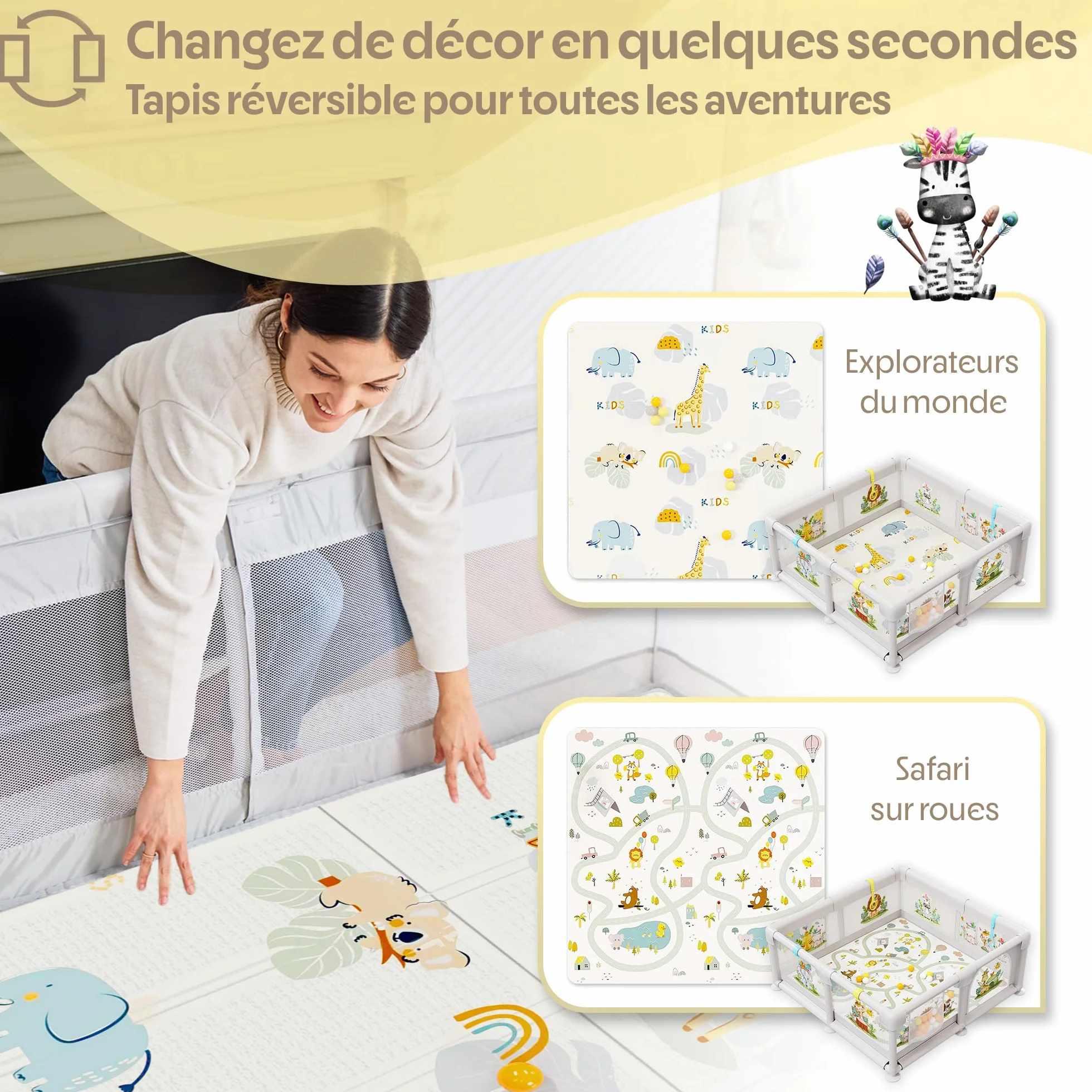 Parc Bébé 150x150cm avec Illustrations, Parc de Jeux Rembourré avec Tapis Réversible, Livre Sensoriel, Balles Colorées et Anneaux d’Appui