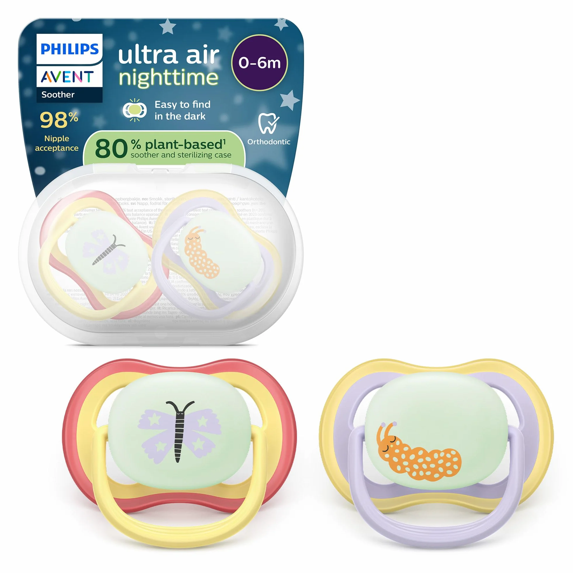 Philips Avent Sucettes de nuit ultra air Tétines orthodontiques bébés 0-6 mois phosphorescentes silicone souple sans BPA lot de 2