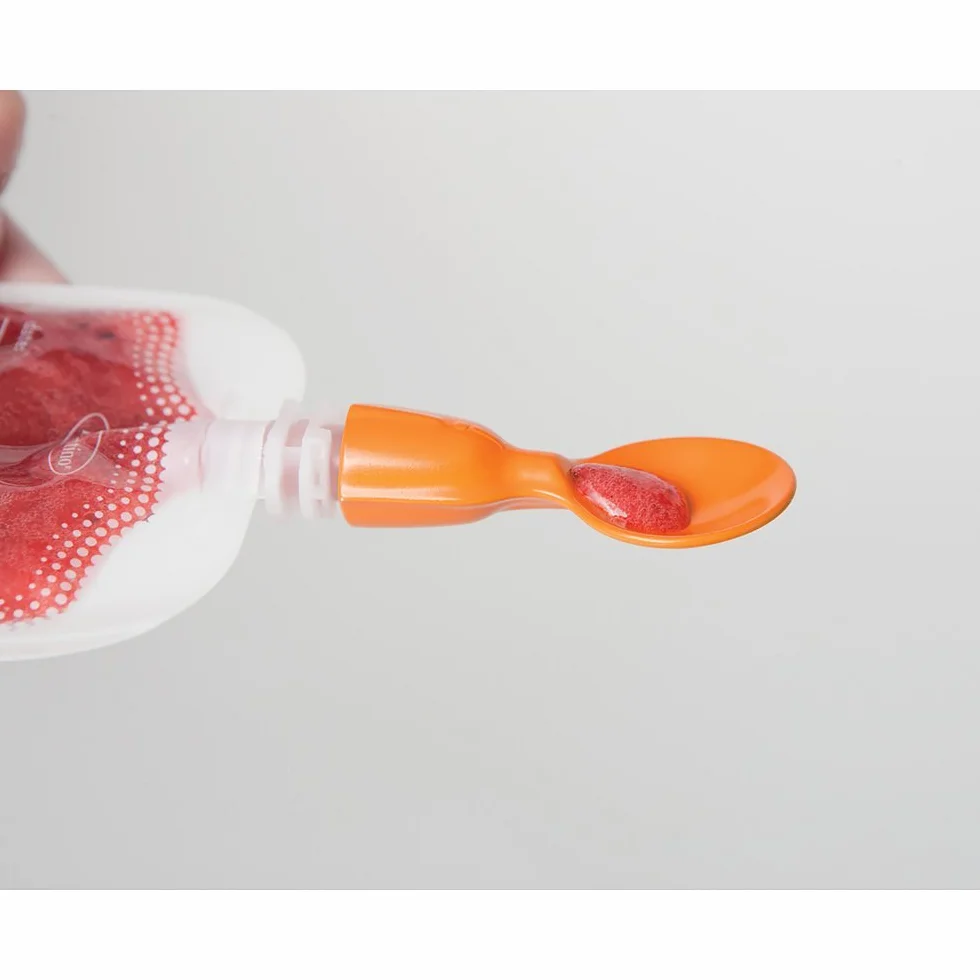 Infantino Lot de 2 Cuillères Pressoir Bébé à Purée Fait Maison + Boite Nomade Presse Aliments Bébé Compatible Gourde Squeeze
