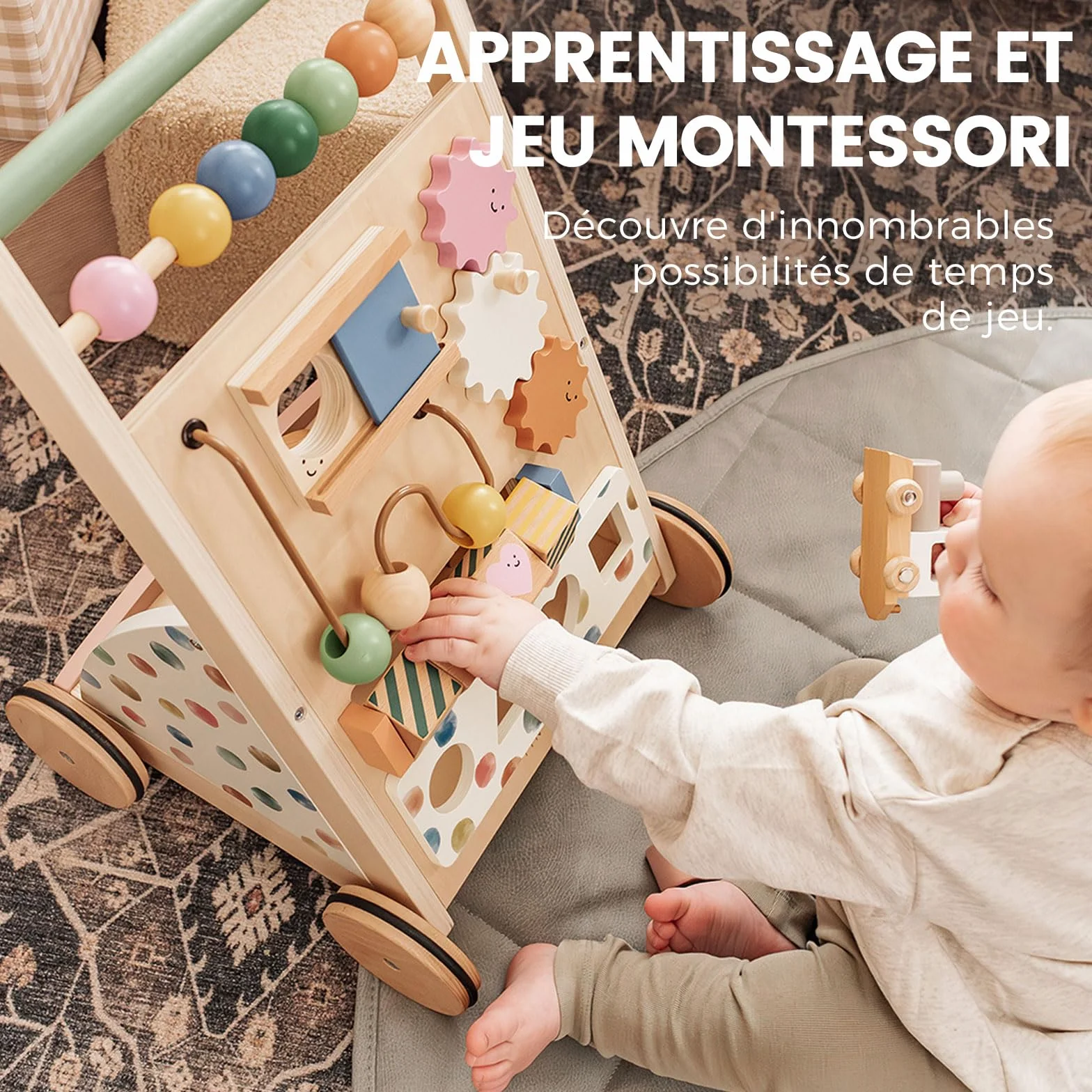 Tiny Land Trotteur en bois pour bébé - Aide à la marche avec vitesse réglable - Déambulateur et centre d'activité