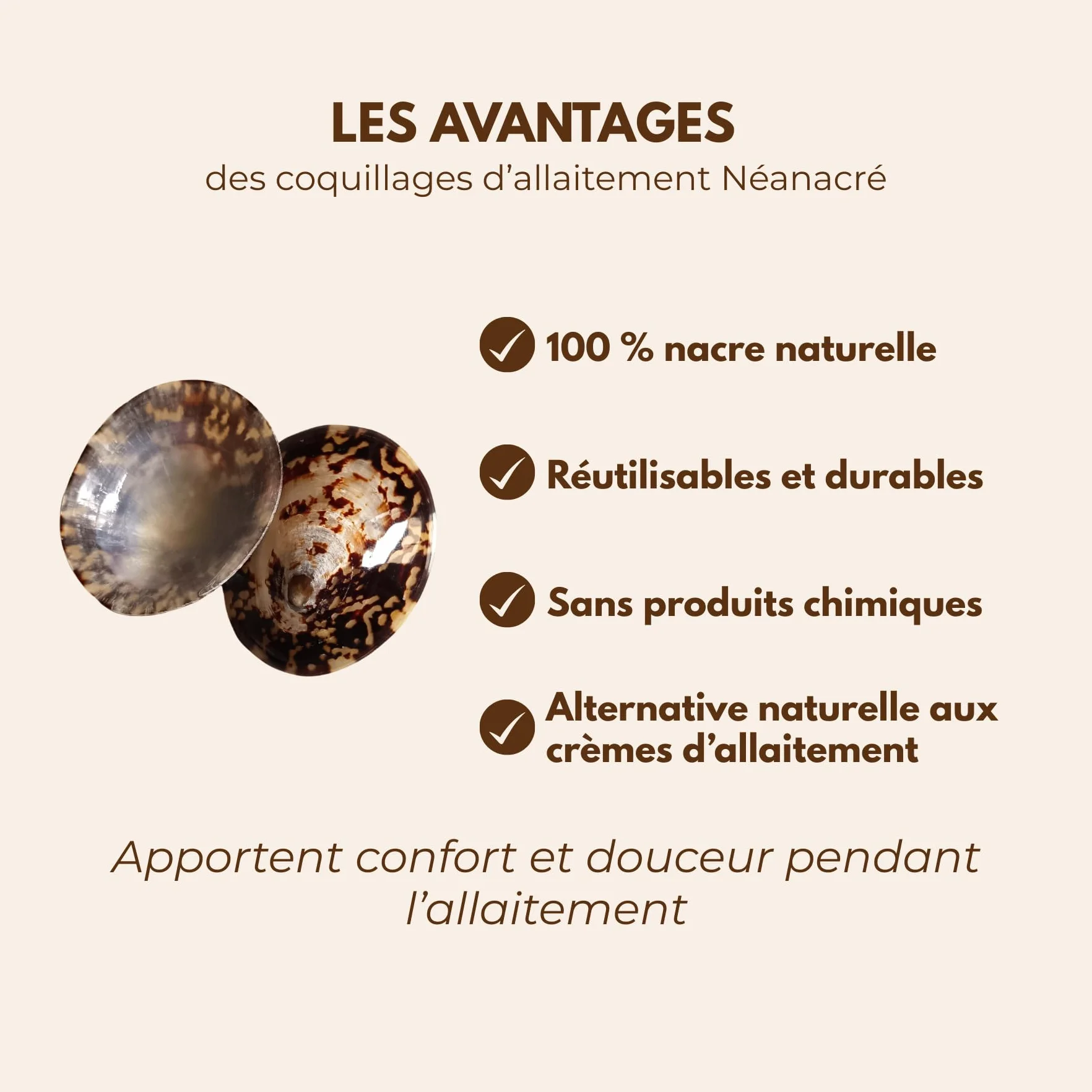Coquillages d'Allaitement en Nacre Naturelle Néanacré – Protège Mamelons – Soulage Crevasses – Réutilisables Tailles S/M/L