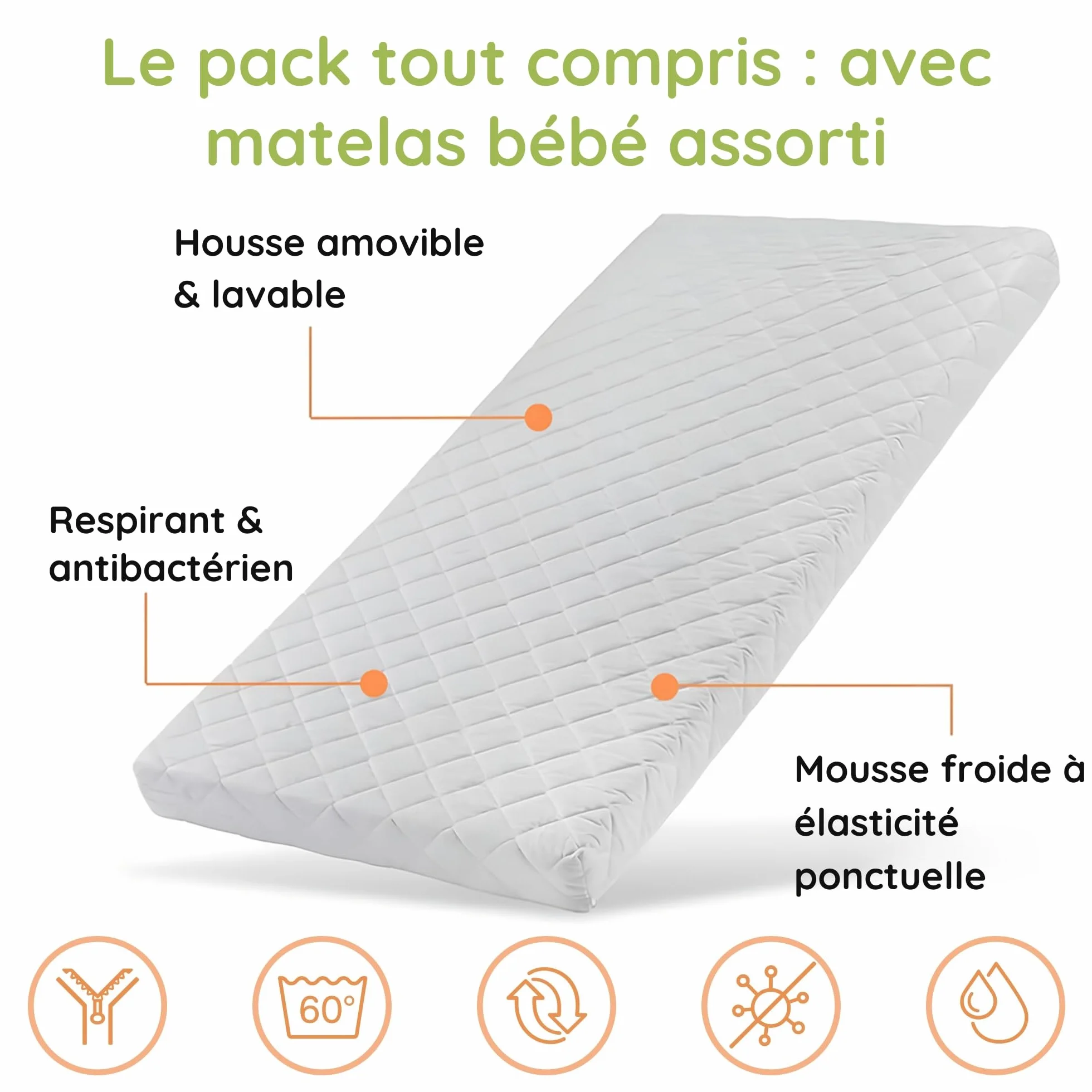 Kids Collective Lit bébé évolutif 60x120 70x140 cm Matelas Sommier hêtre Massif Blanc