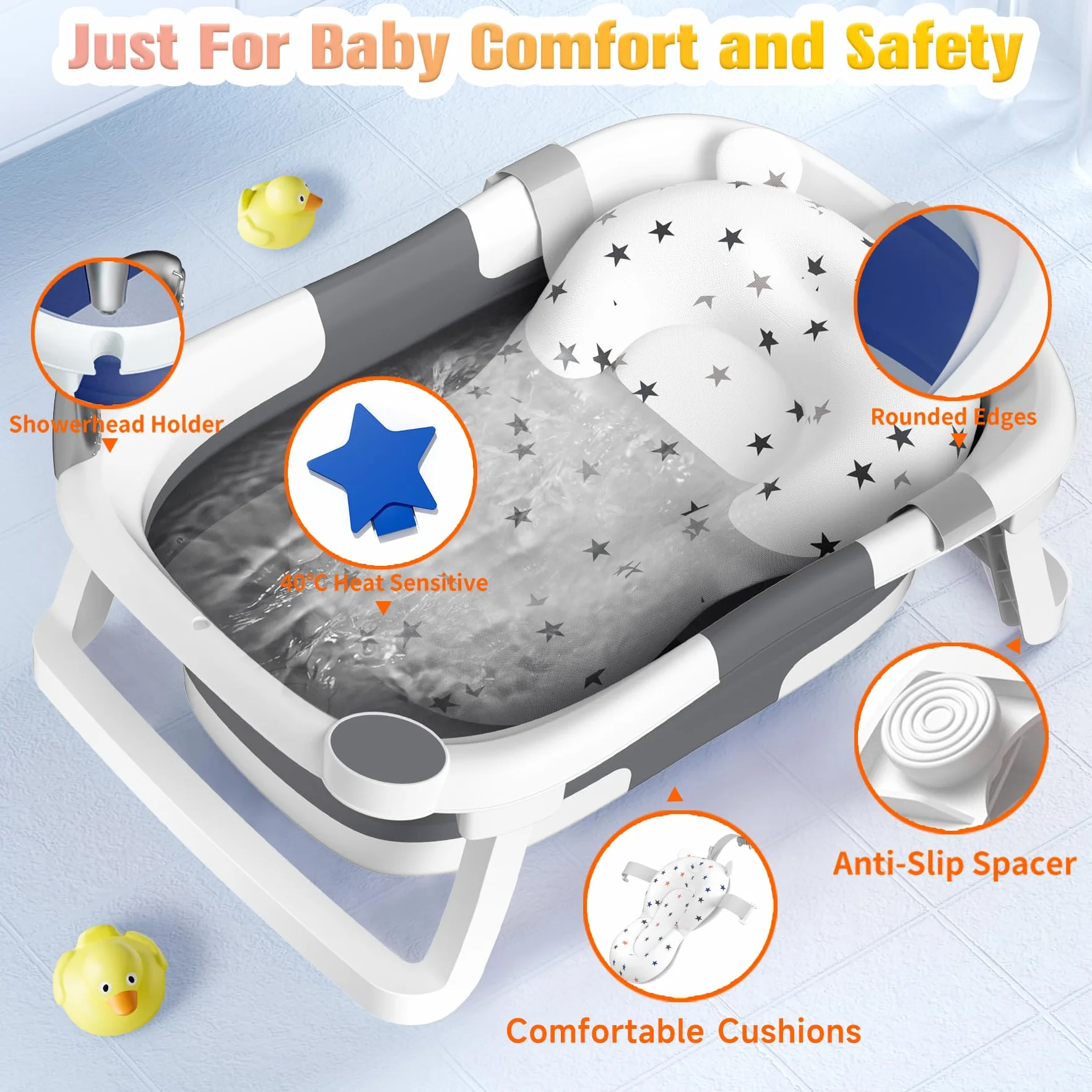Baignoire Bébé Pliable Antidérapant avec Tapis et Trous de Drainage pour Nouveau-Nés et Tout-Petits Gris