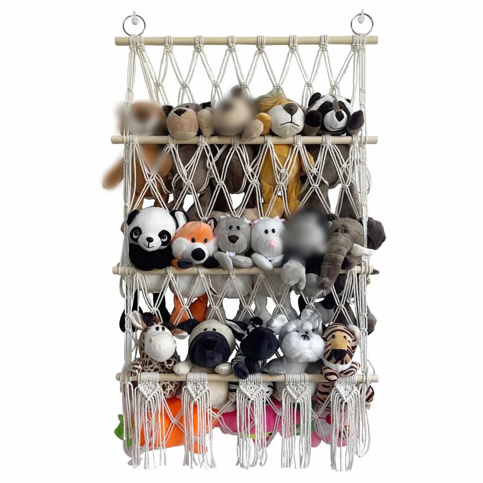 Hamac de Rangement pour Jouets Tissée à la Main en Corde de Coton à Suspendre Support de Rangement Peluche