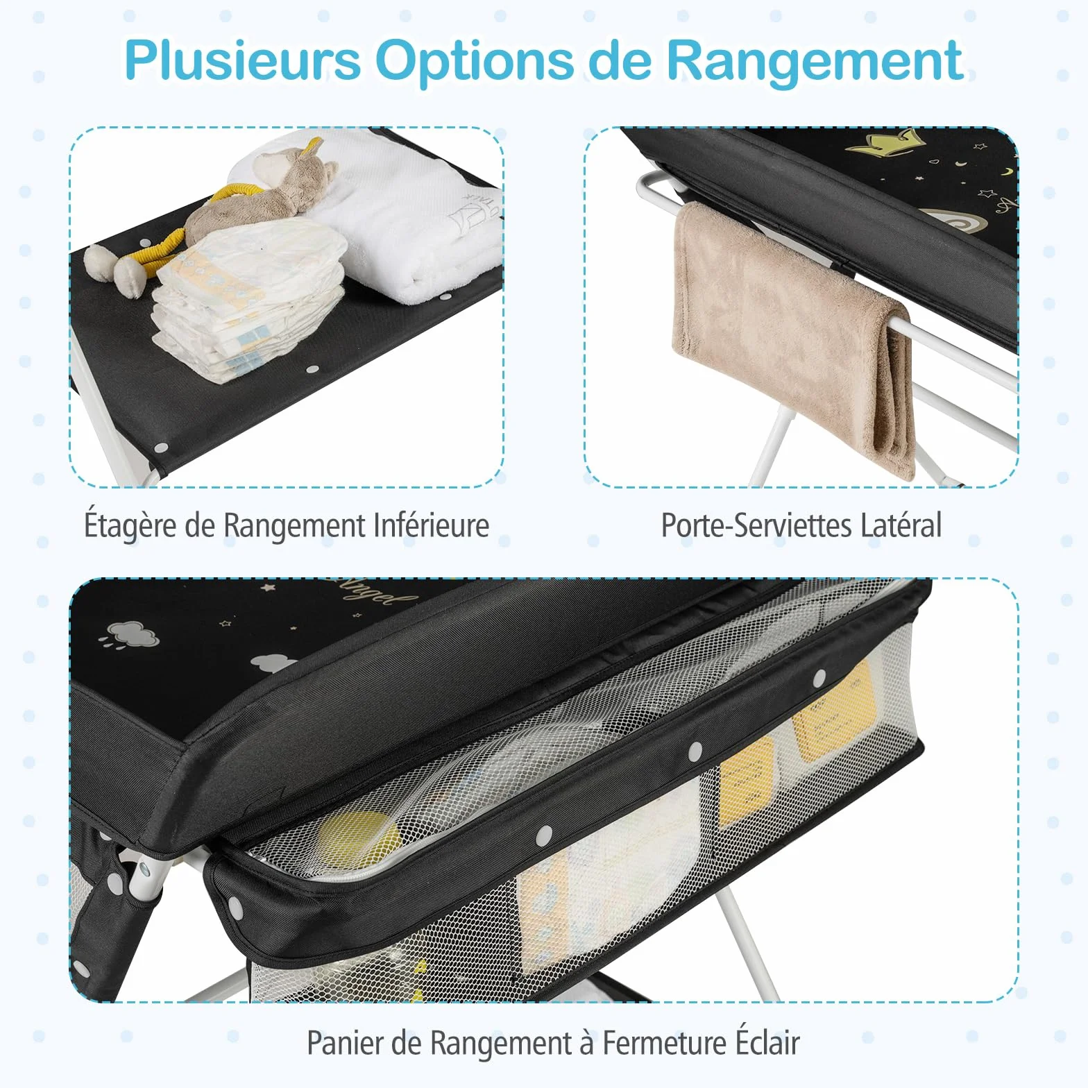 COSTWAY Table à Langer Pliante Bébé Réglable Hauteur 3 Niveaux Roulettes Étagère Panier Organiseur Mobile Noir