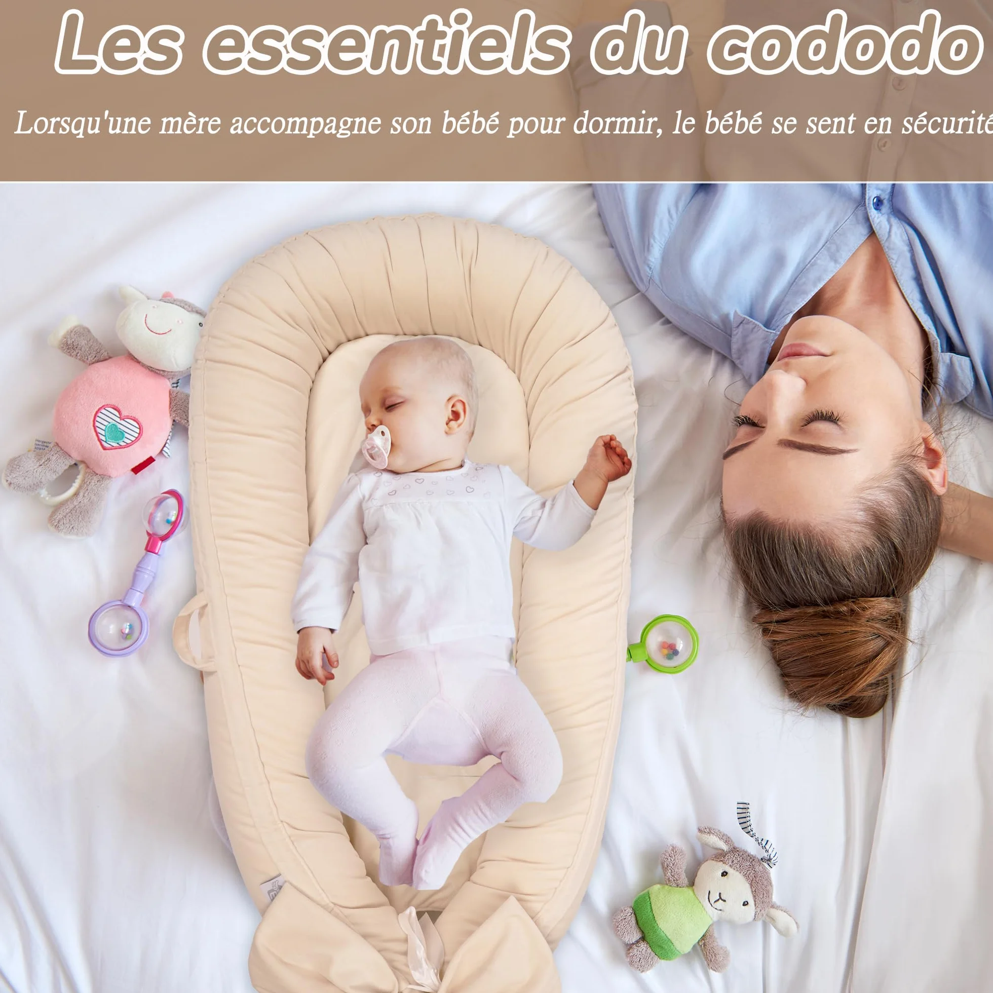 EAQ Couffin de Voyage Bébé 100% Coton Nid Cocoon Lit Nouveau-né, Amovible Lavable