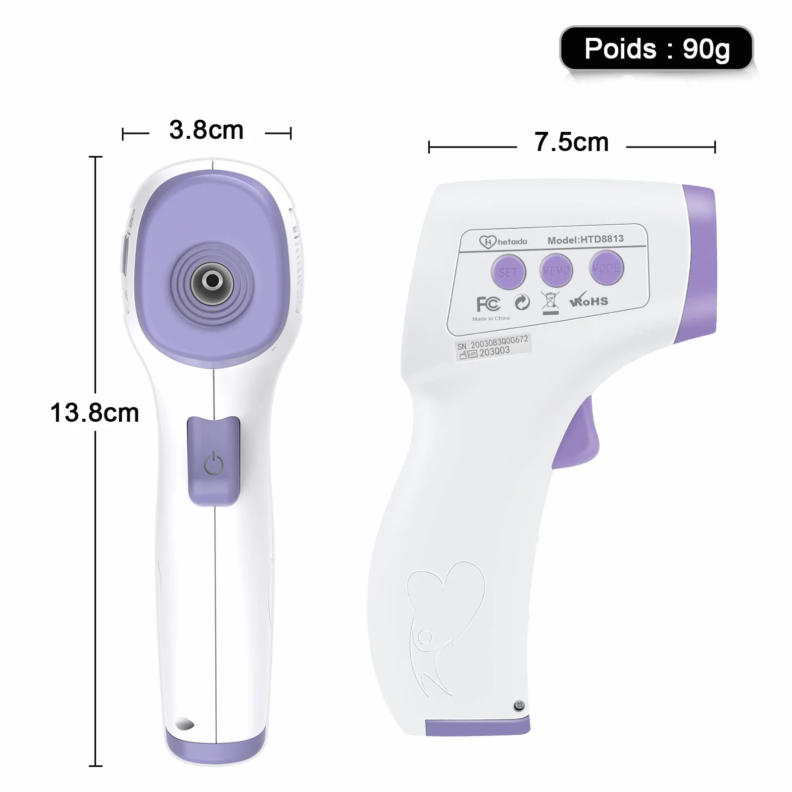 Thermomètre Frontal Infrarouge sans Contact Adulte Enfant, Écran LCD, Fonction Mémoire, Alerte Fièvre