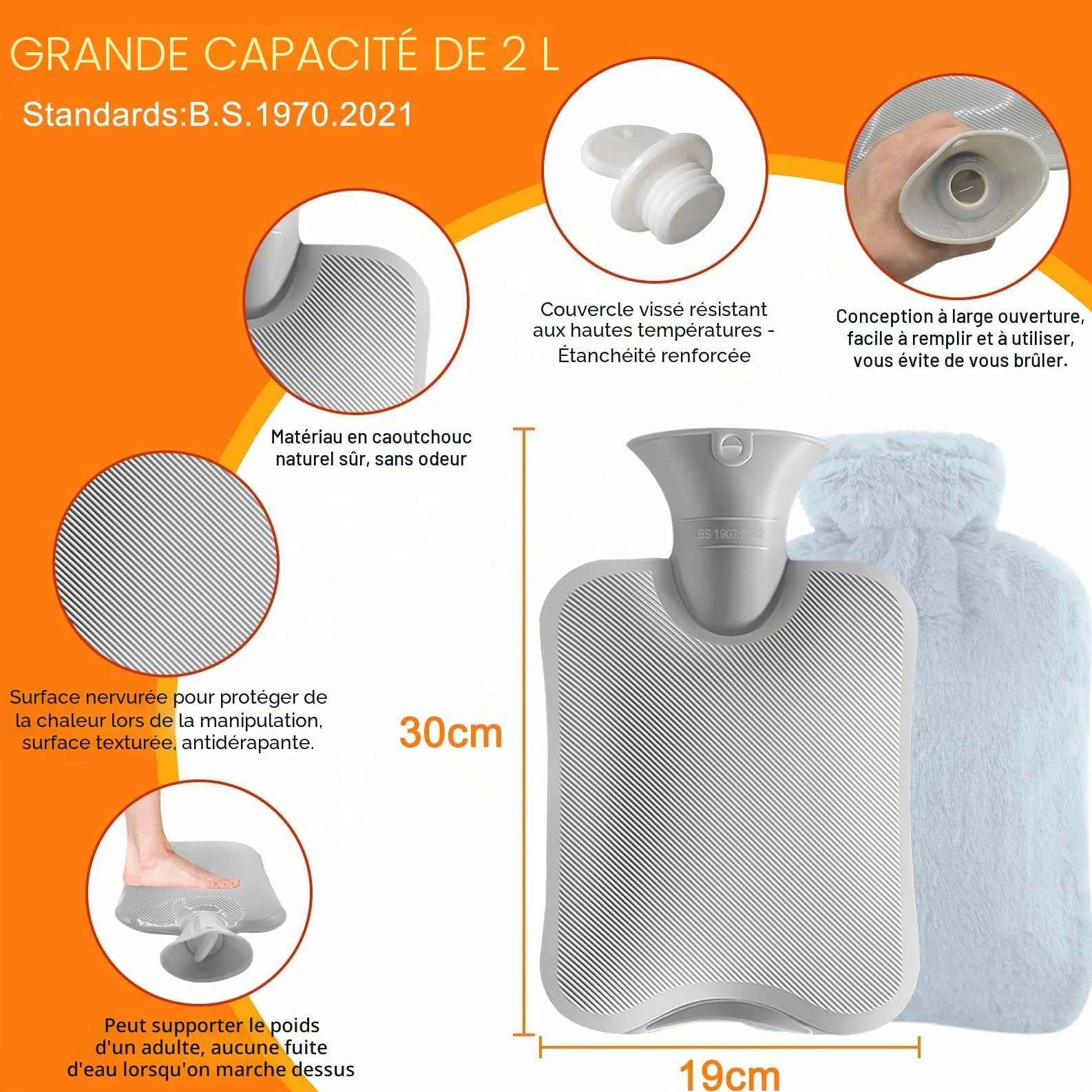 Bouillotte Eau Chaude 2L avec Housse en Peluche Antifuite Caoutchouc Amovible