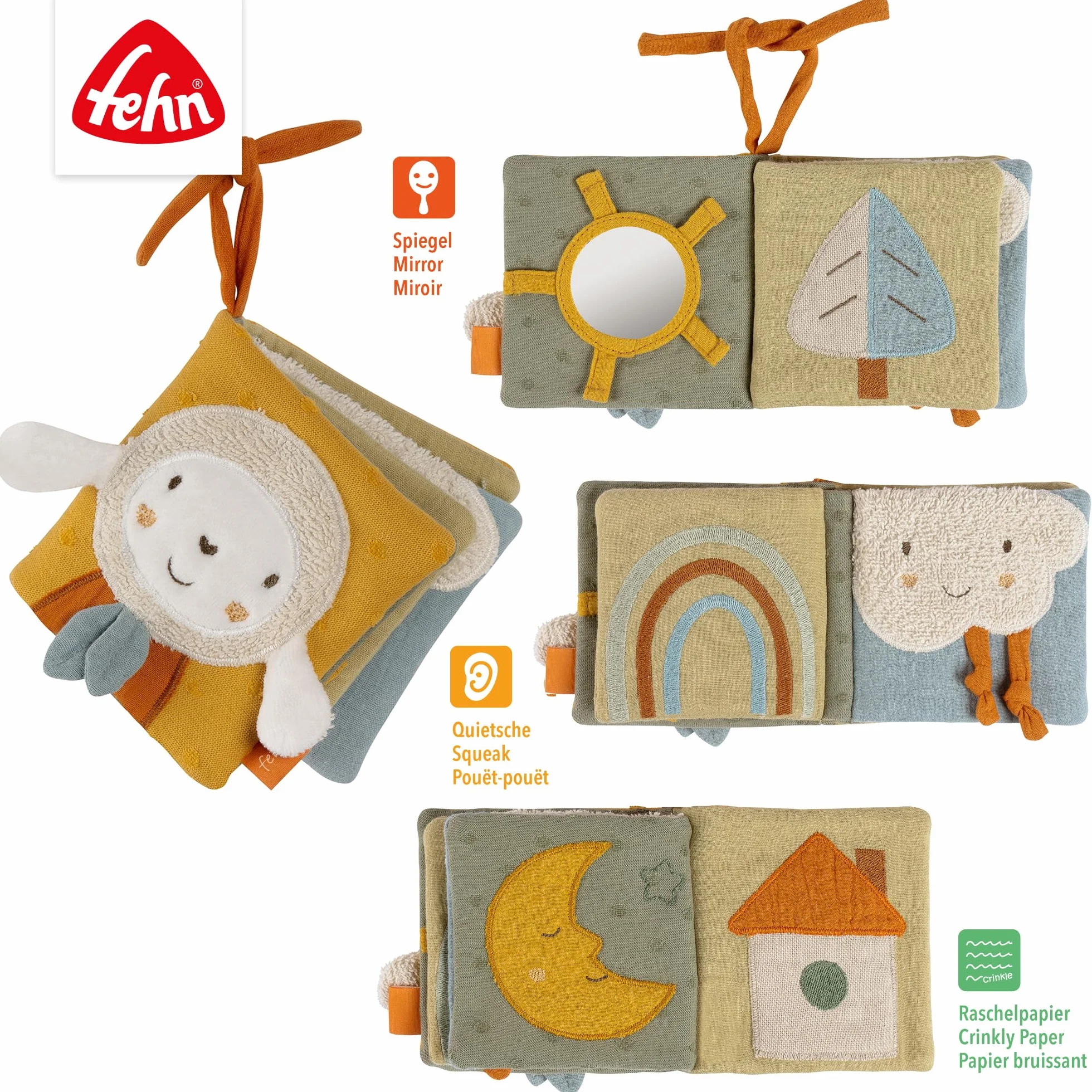 Fehn livre tactile mouton NATUR - Livre en tissu pour poussette avec couineur, papier bruissant et miroir
