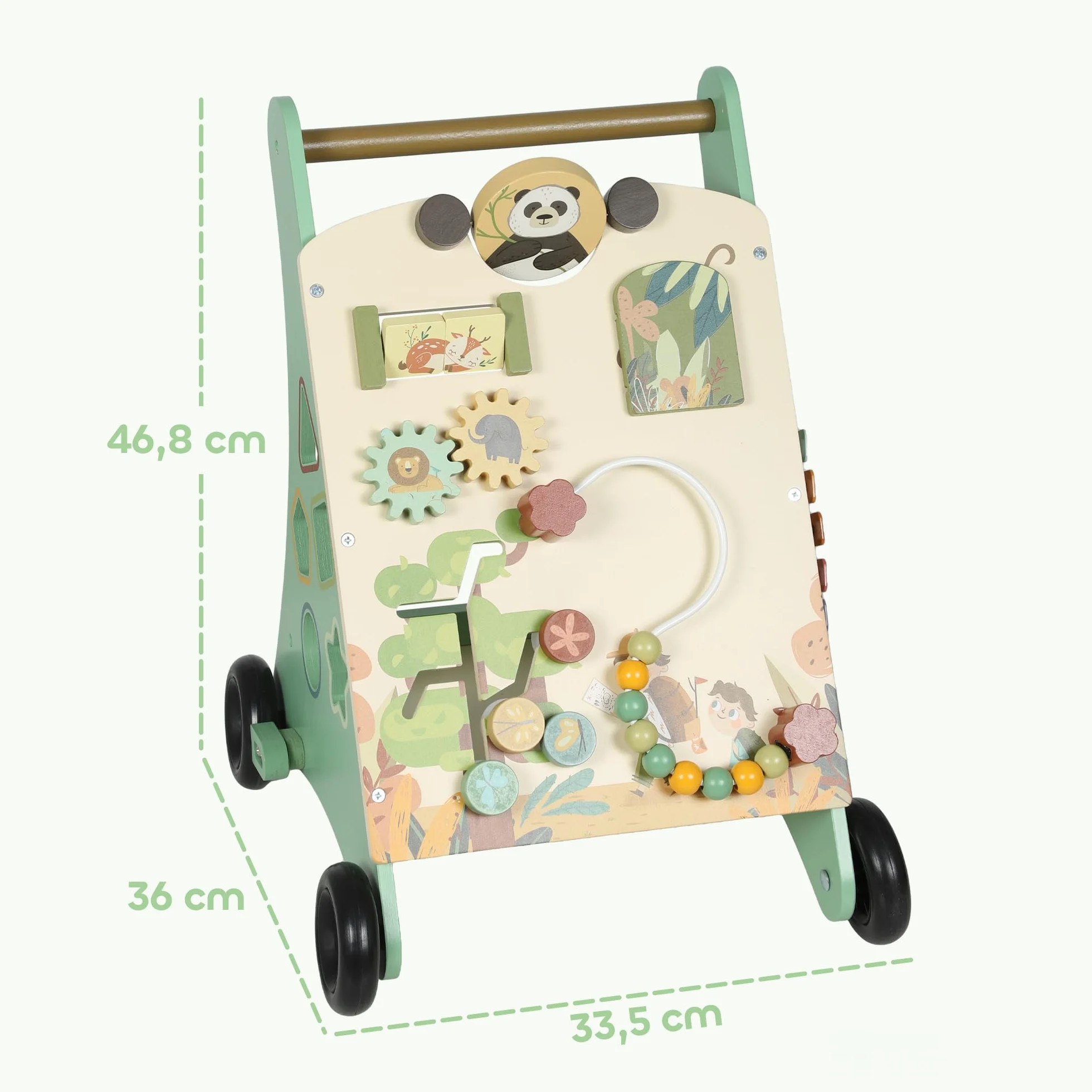 AIYAPLAY Trotteur en bois bébé contrôle vitesse centre activités xylophone engrenages labyrinthe perles chariot marche 18+ mois vert