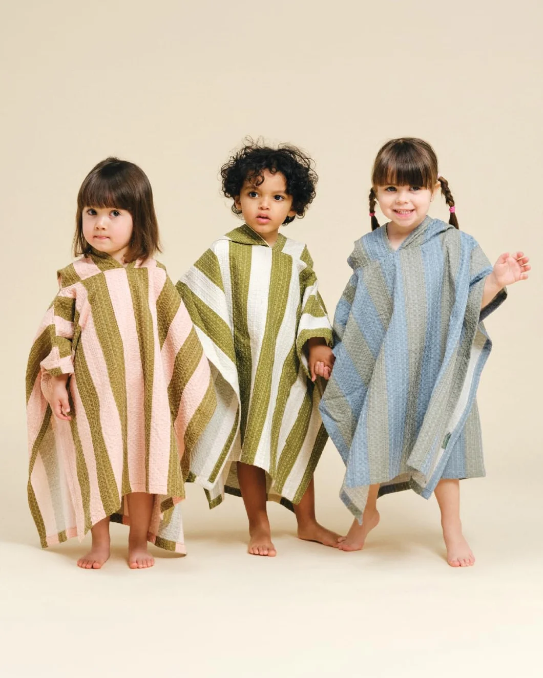 Poncho de Bain pour Enfants Serviette de Plage à Capuche KHAKI & ROSE STRIPES