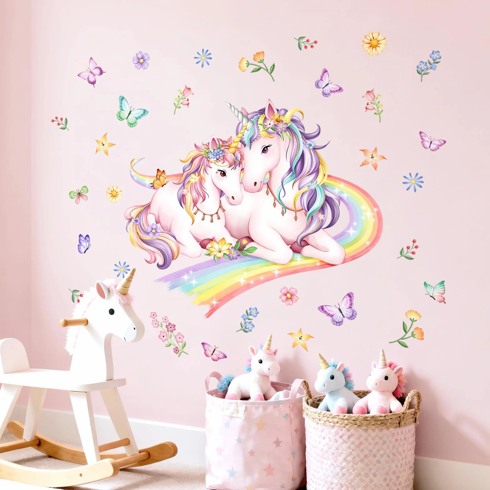 Autocollant Muraux Licorne Arc-en-ciel Fleur Papillons pour Chambre Enfants