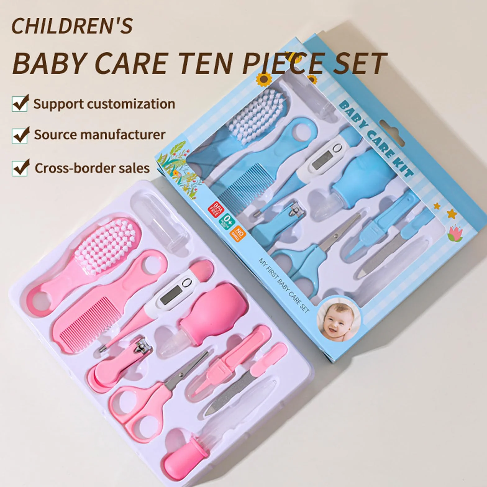 Liemuao Trousse de Soin Bébé Naissance 10 Pièces, Kit Toilettage Bébé avec Thermomètre Digital, Brosse, Peigne, Lime, Mouche Bébé, Rose