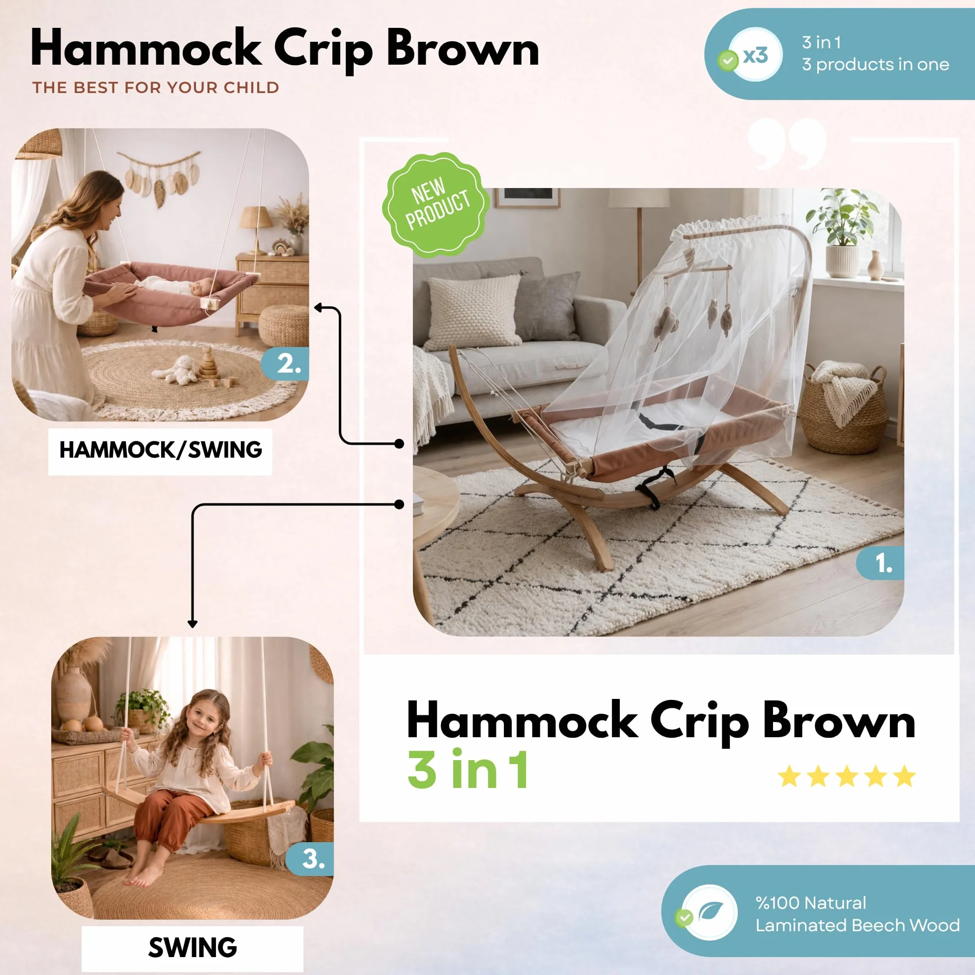 Hamac pour enfant en bois 66×150 cm chaise longue ergonomique 3–5 ans beige