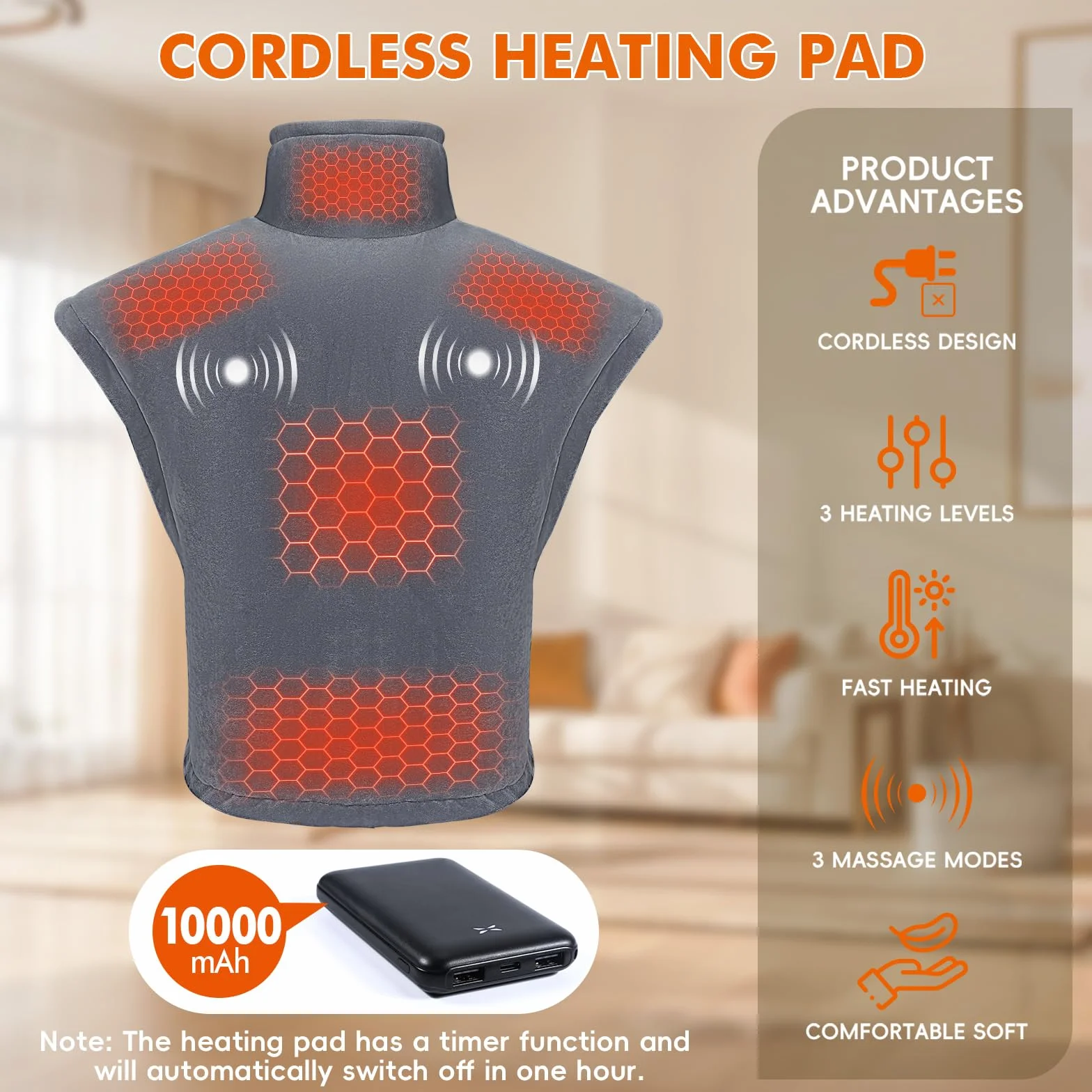 Coussin Chauffant avec Batterie 10000mAh 3 Niveaux Réglage Température 3 Modes de Massage Arrêt Automatique
