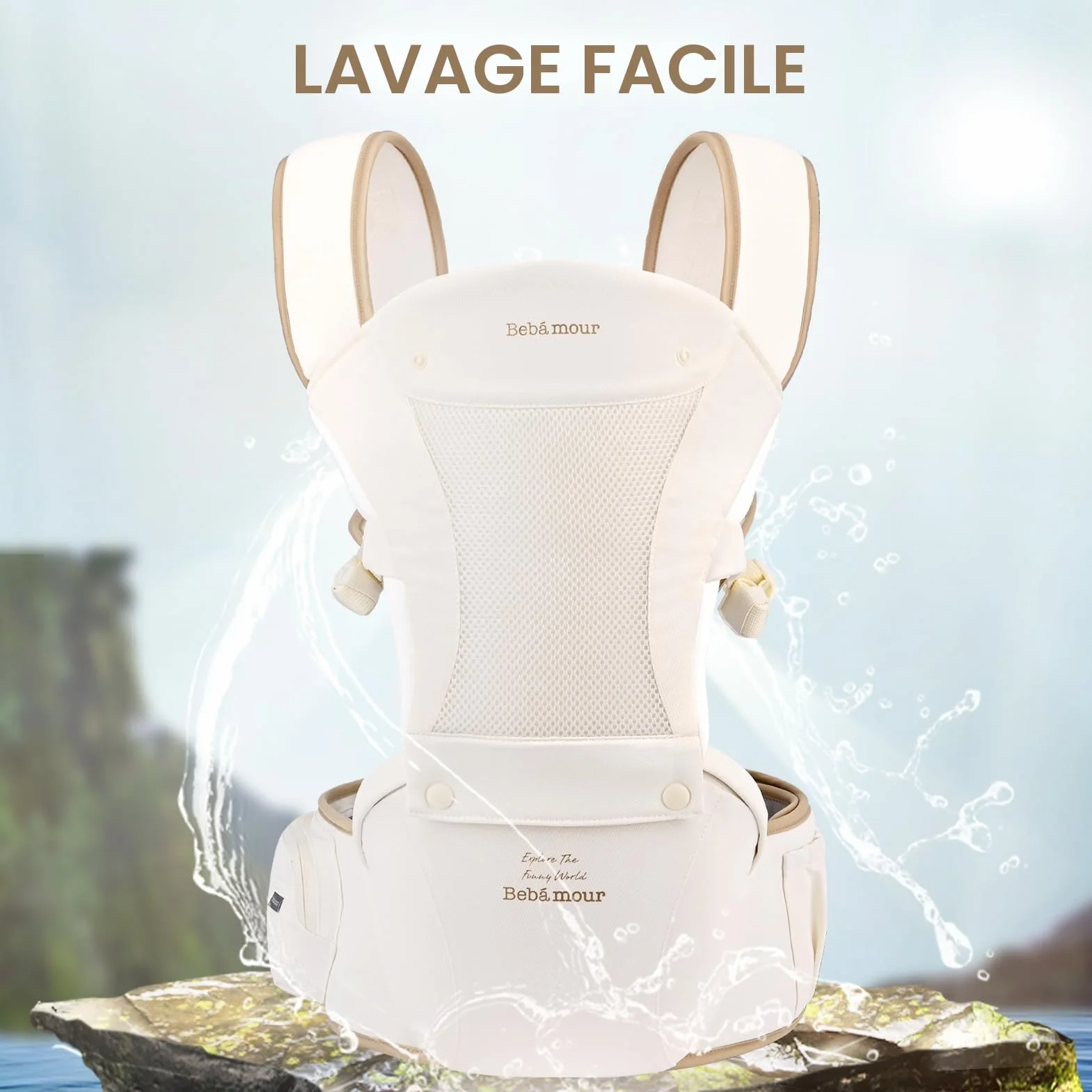 Bebamour Porte-bébé Hipseat 0-36 mois avec capuche et accessoires Beige