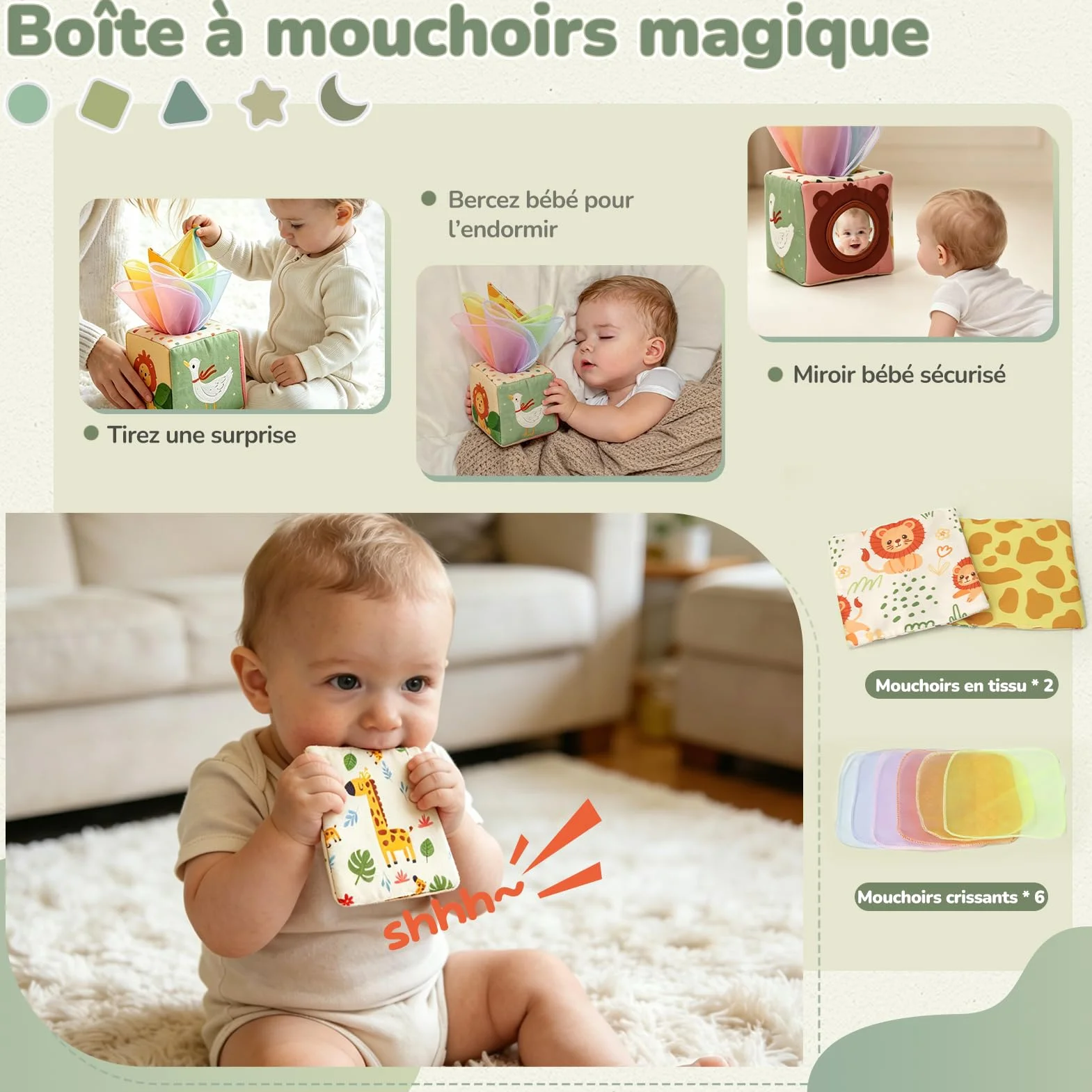 Jouet Bébé 6 Mois Montessori 5 en 1 – Jeux d’éveil 6-12 Mois avec Trieur de Formes, Boîte à Mouchoirs, Empilement | Jouet Sensoriel Cadeau pour Enfants 7 8 9 Mois