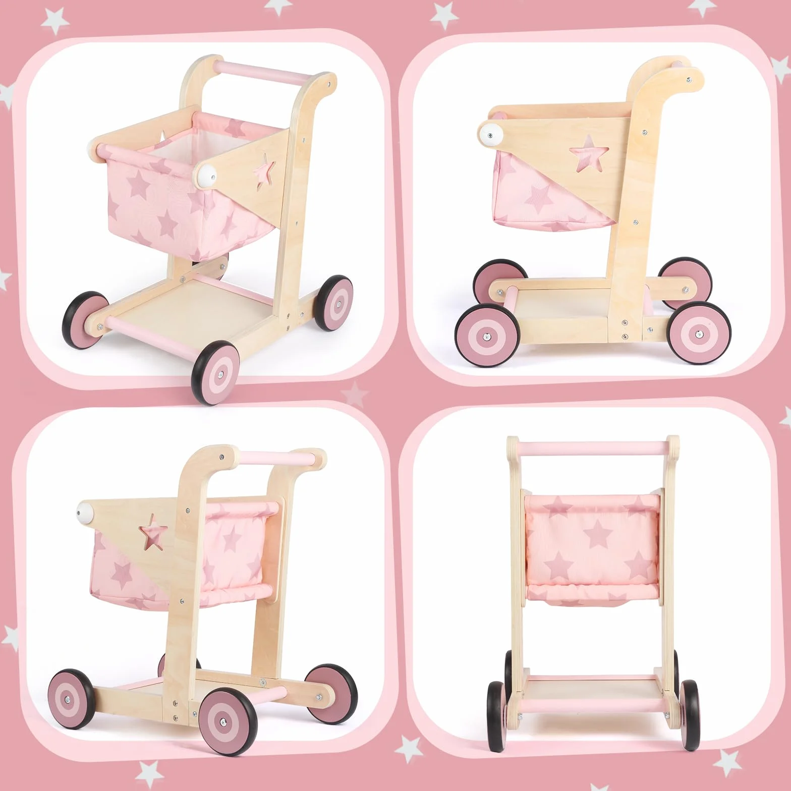Asweets Trotteur en Bois 2 en 1 pour Bébé, Poussette Poupée et Chariot de Courses, Jouet Assis-Debout (Rose)