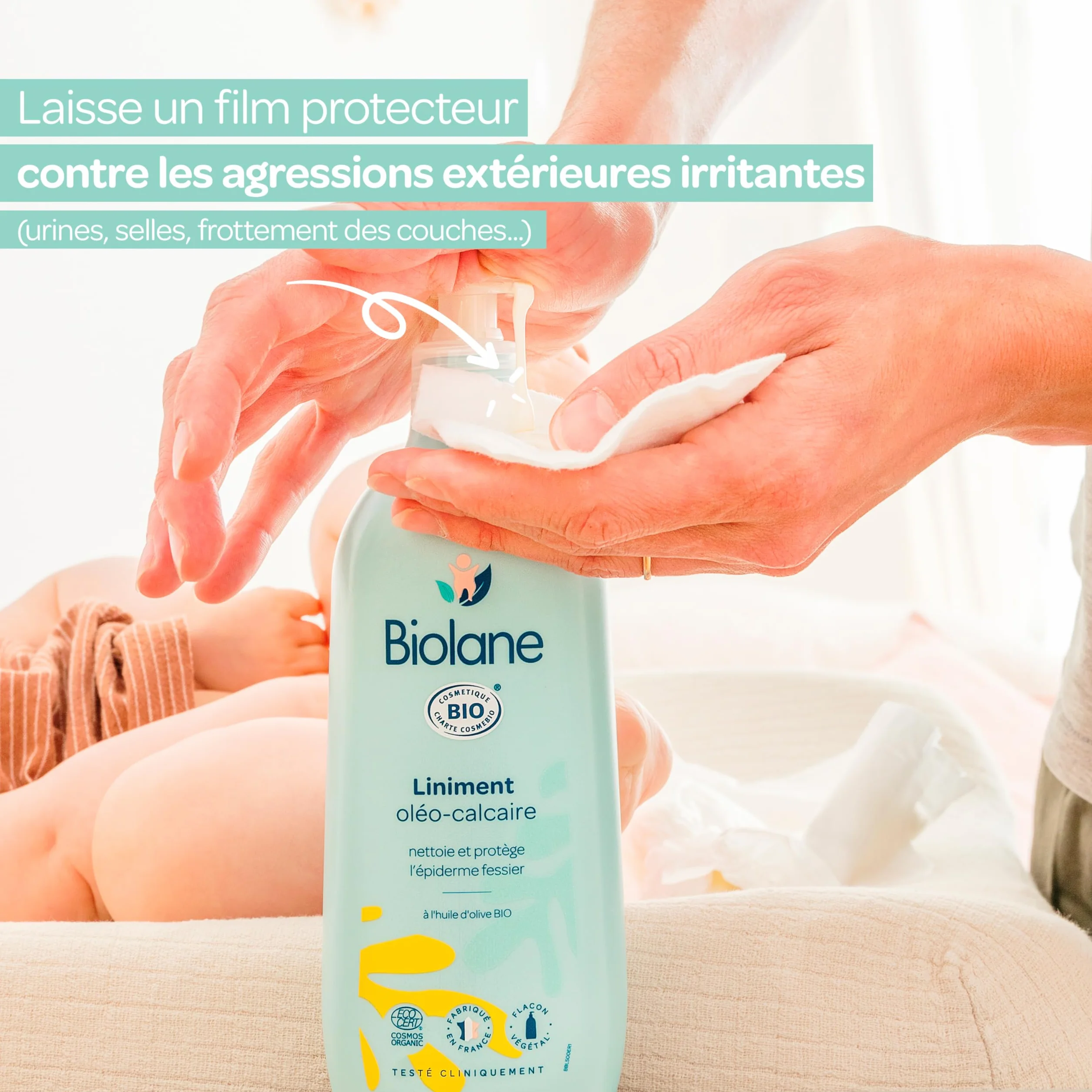 BIOLANE Liniment Bio oléo-calcaire Bébé 500ml Nettoyant sans rinçage 99% Origine naturelle Peaux Sensibles Fabriqué en France