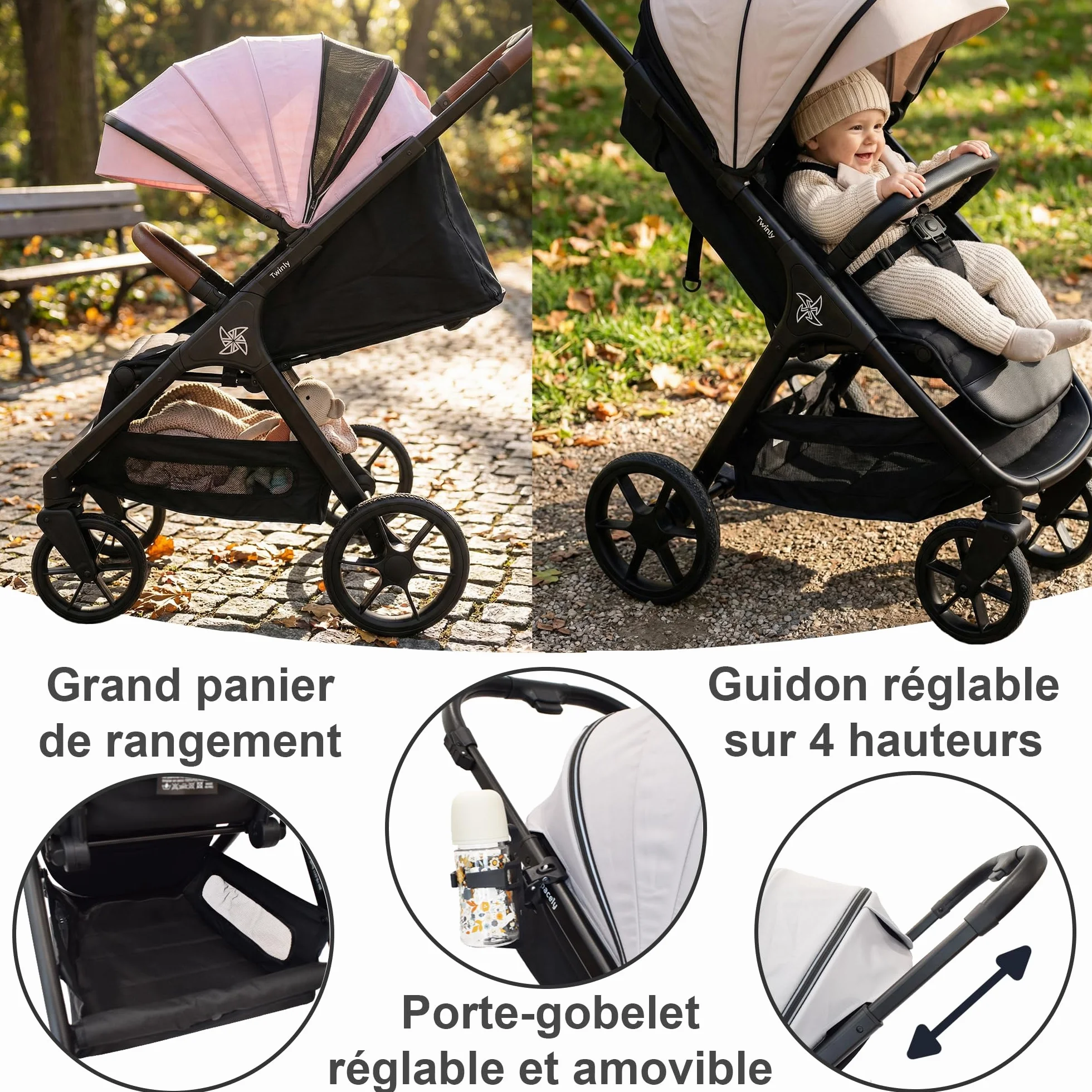 Poussette Canne Compacte et Légère jusqu'à 25kg Dès la Naissance Siège Large Capote XXL UPF-50 Pliage d'une Main Grandes Roues Noir