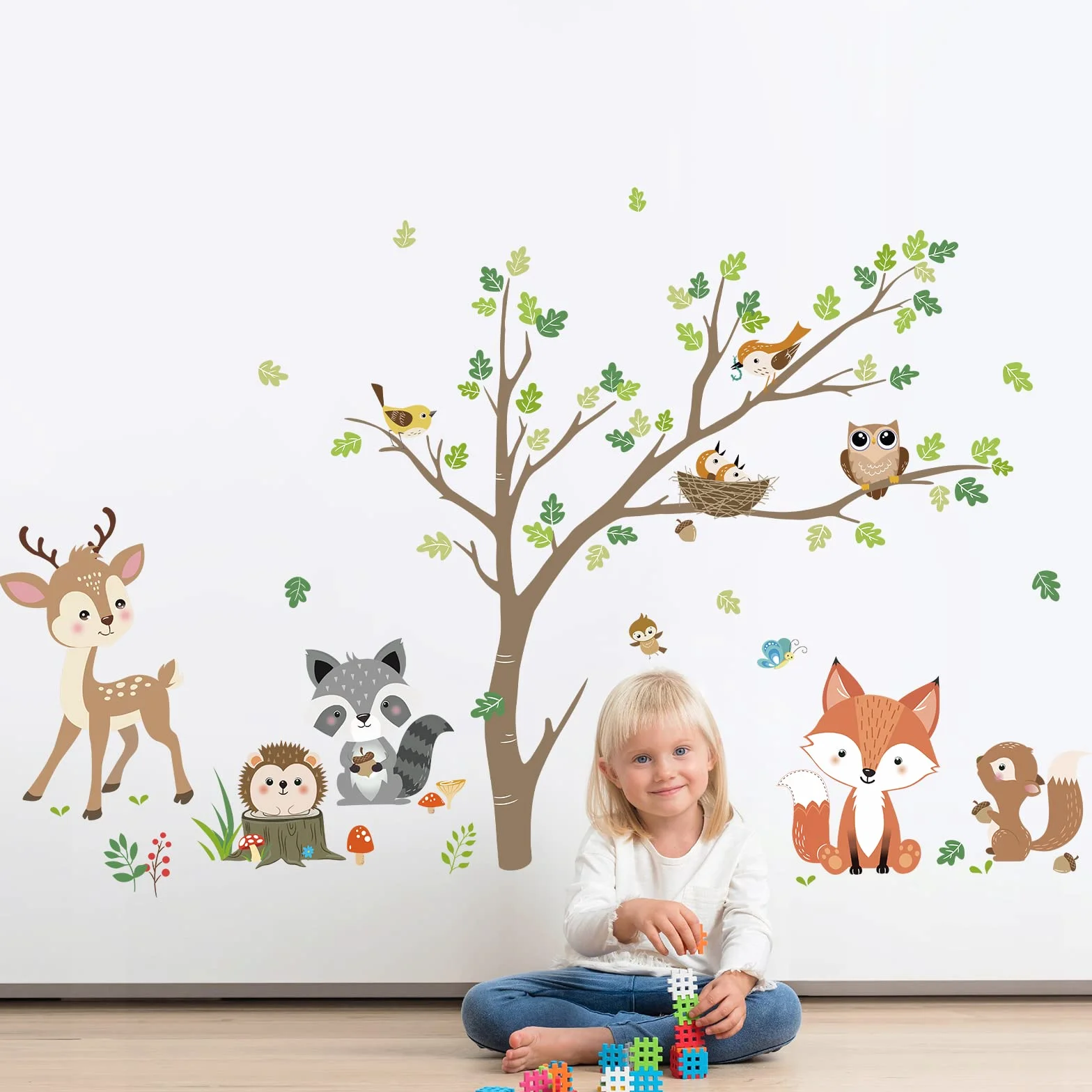 Stickers Muraux Animaux Forêt Arbre Autocollant Mural Renard Cerf Hibou Décoration Murale Chambre Enfants