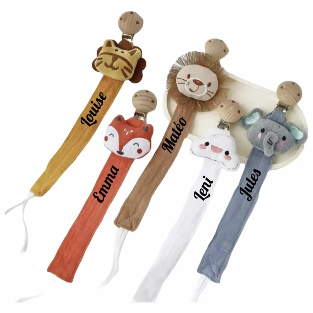 Attache tétine personnalisé prénom en gaze de coton bio bois animaux doudou éléphant nuage lion tigre écureuil