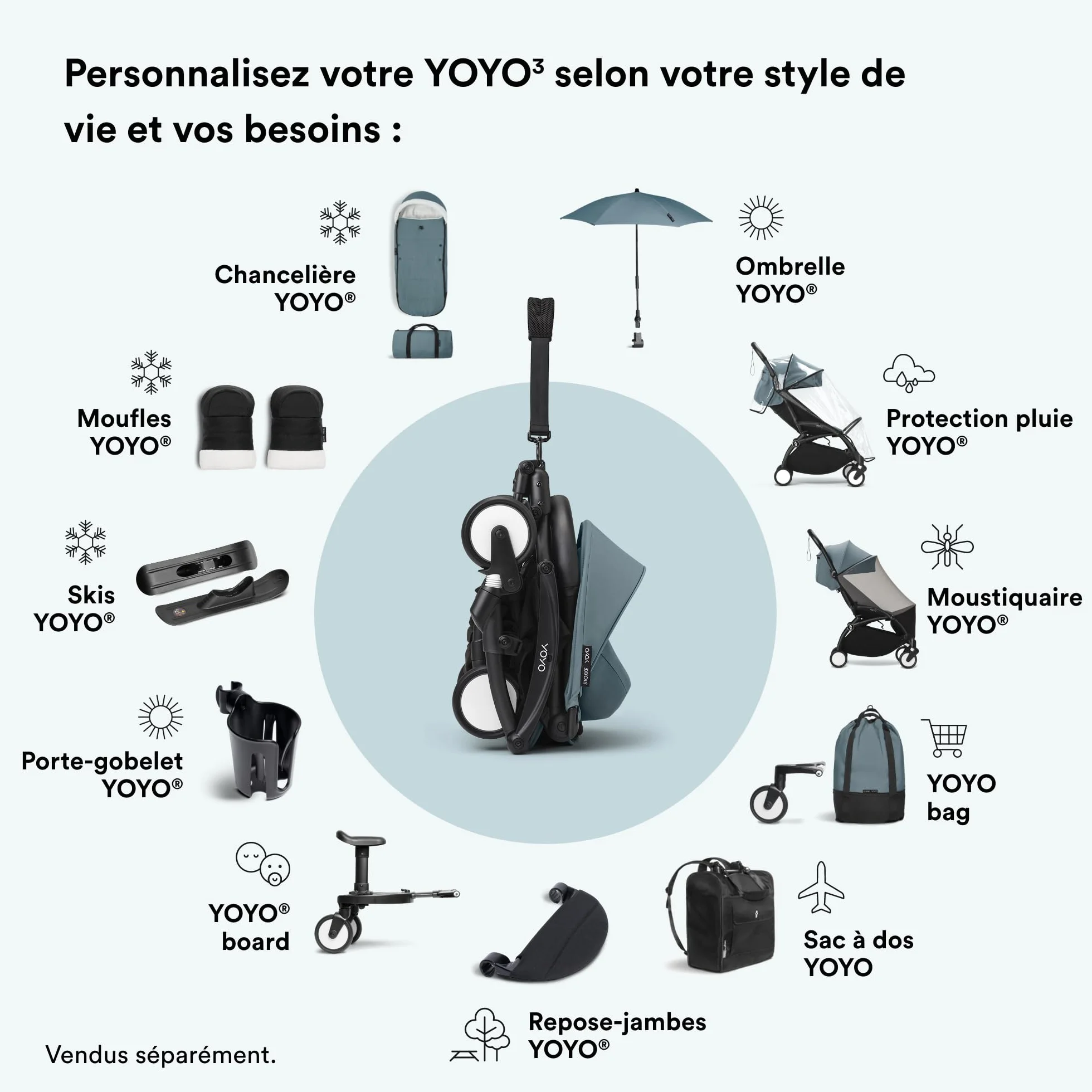 Stokke YOYO3 Poussette avec Pack Nouveau-né et Pack Couleur 6+ (Aqua) Cadre Noir