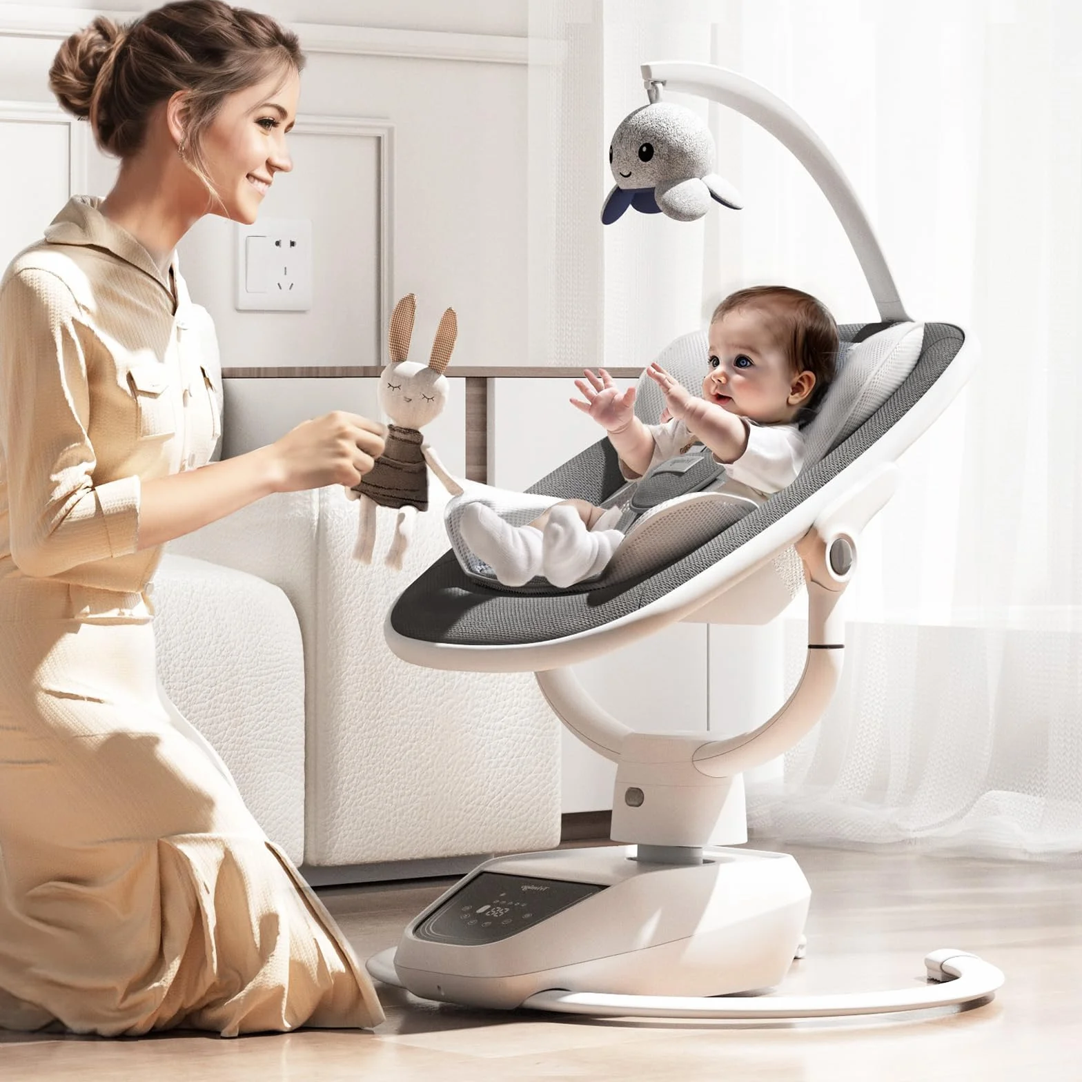 Balançoire bébé électrique réglable inclinaison rotation 180° 5 modes balancement musique télécommande jusqu'à 18 kg Gris