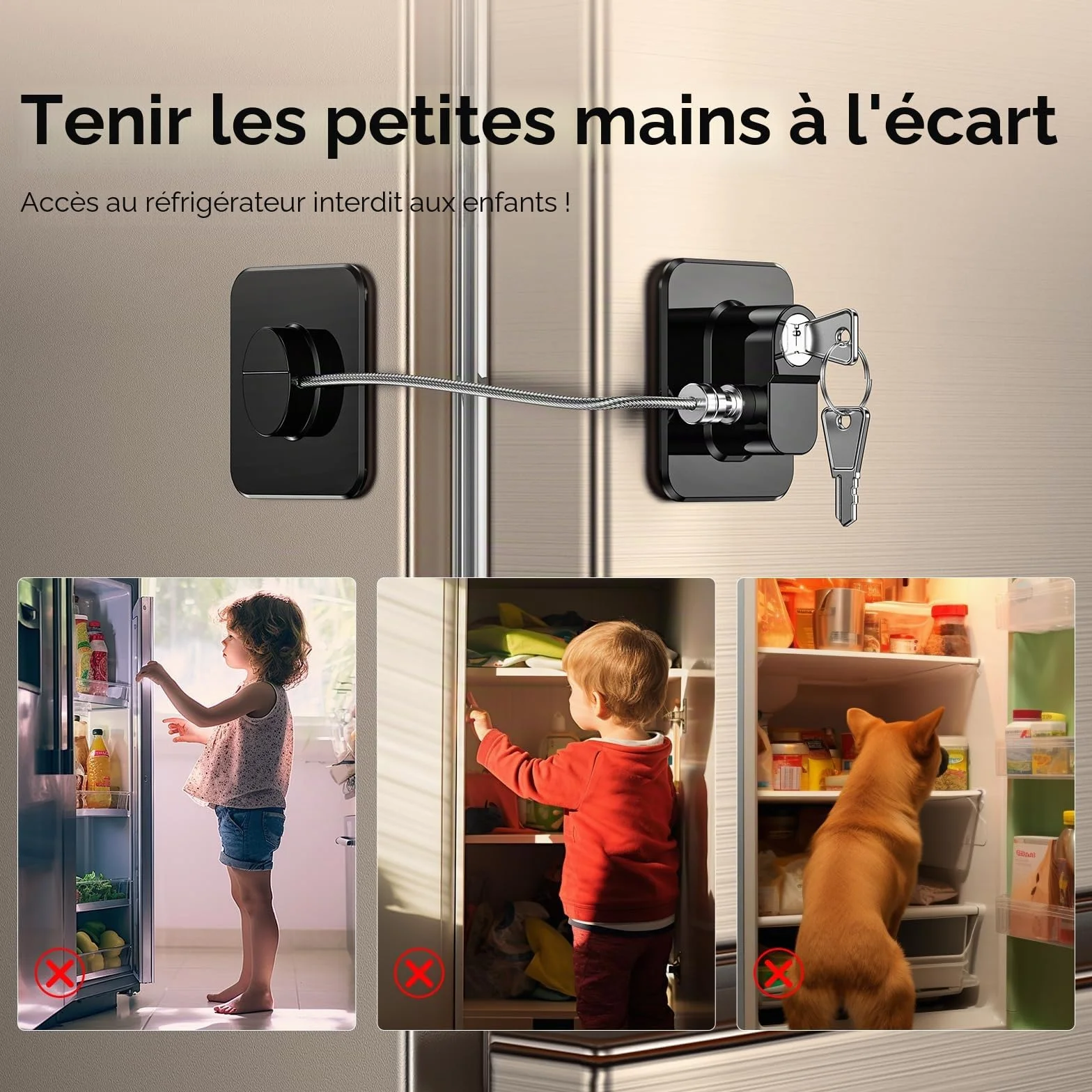 Lot de 2 Cadenas Frigo pour Enfants, Verrou Sécurité Réfrigérateur Sans Percage, Noir