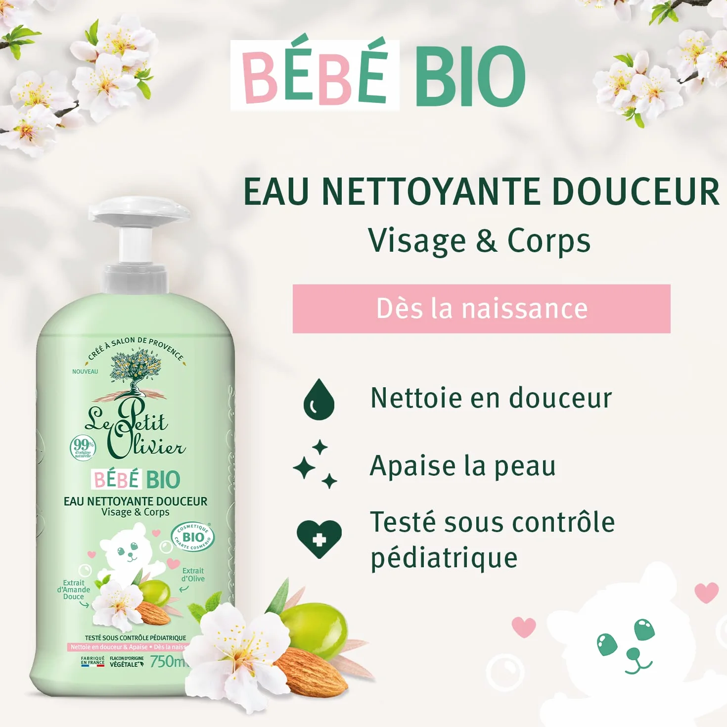 LE PETIT OLIVIER Eau Nettoyante Douceur Bébé BIO 750 ml Visage Corps 99% Origine Naturelle