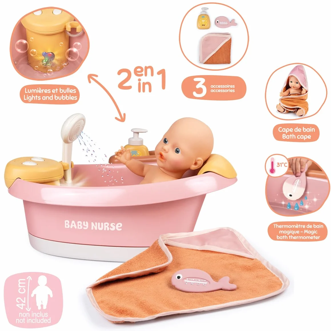 Smoby Baby Nurse Baignoire Balnéo pour Poupons 42 cm Module Electronique Jets d'eau Bulles Lumières LED Accessoires Jeux