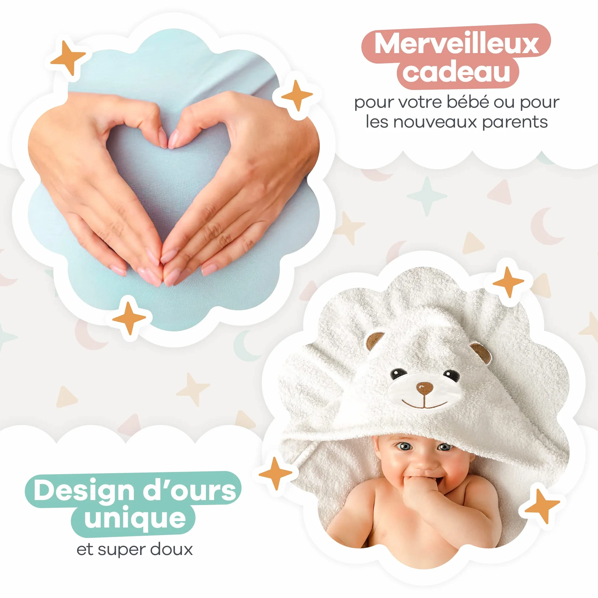Serviette Bébé 90x90 cm 100% Coton Naturel avec Capuche, Cape de Bain Bébé 0-3 Mois à 3 Ans