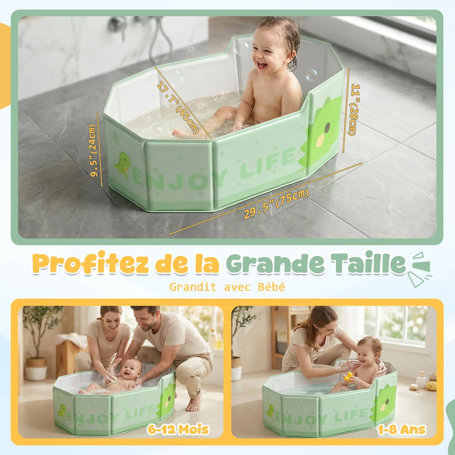 Orzbow Baignoire Pliable Bébé, Grande Baignoire avec Base Antidérapante, Vert, 6 Mois à 6 Ans