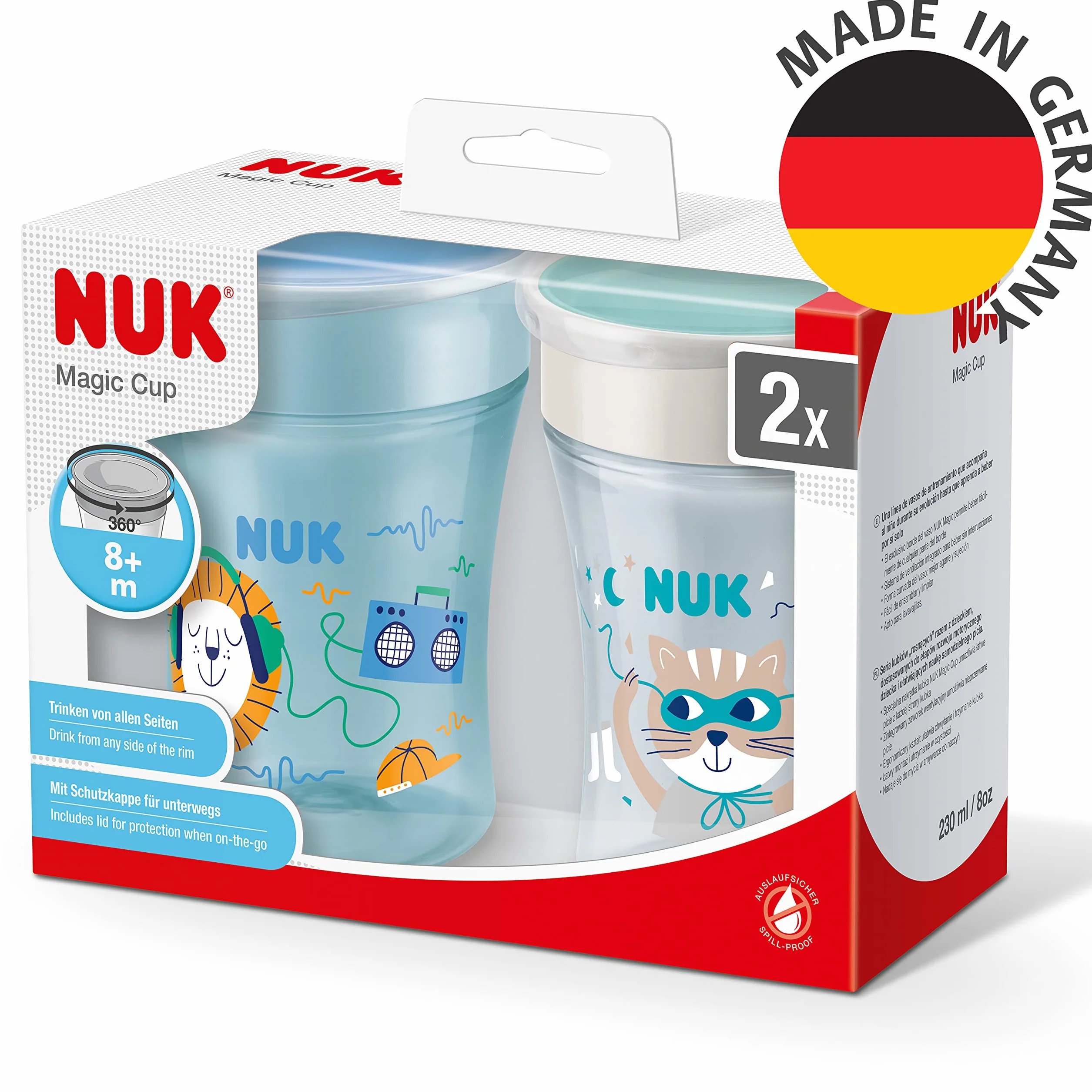 NUK Magic Cup Tasse d'Apprentissage 230 ml 2 Unités Lion Bleu Chat Turquoise