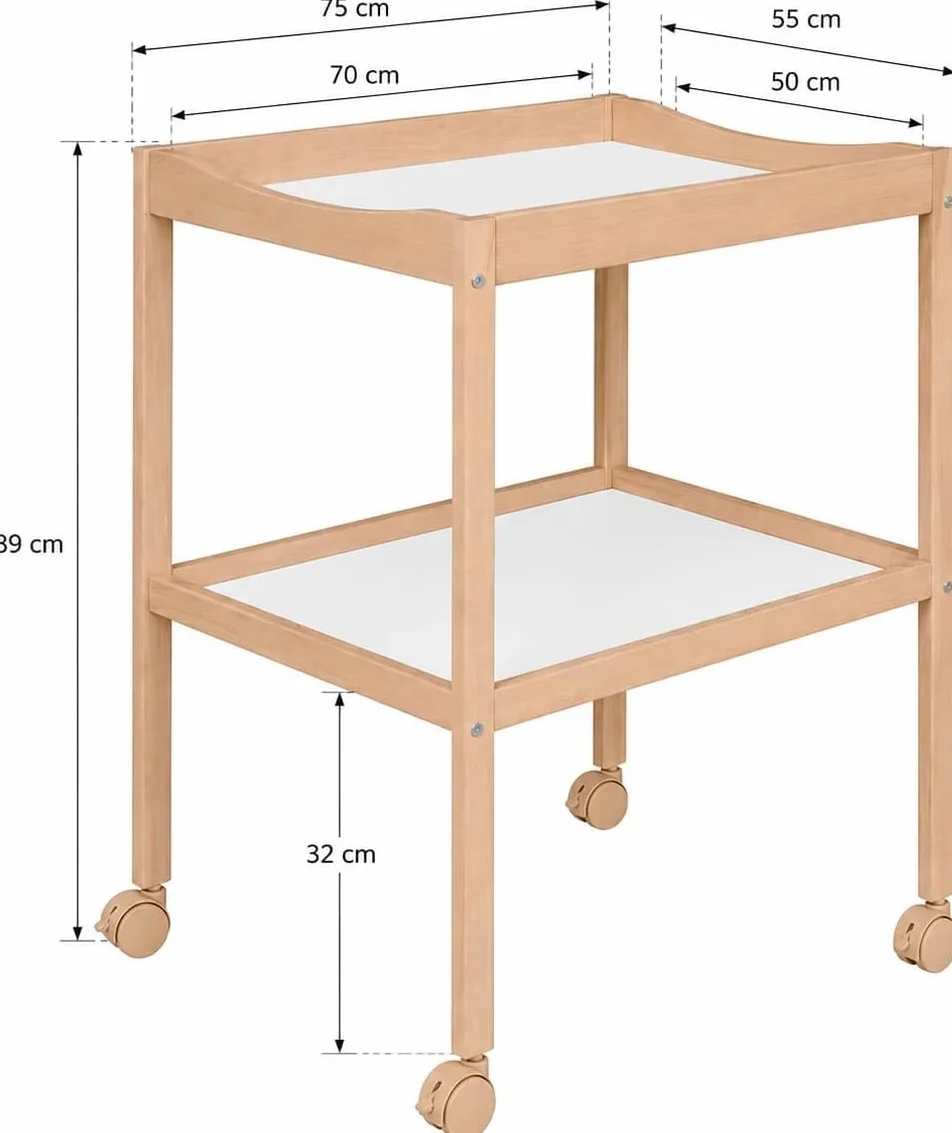 Table à Langer en Bois de Hêtre Naturel avec Roulettes Freinées 75 x 55 x 89 cm Étagère de Rangement Mobilier Bébé