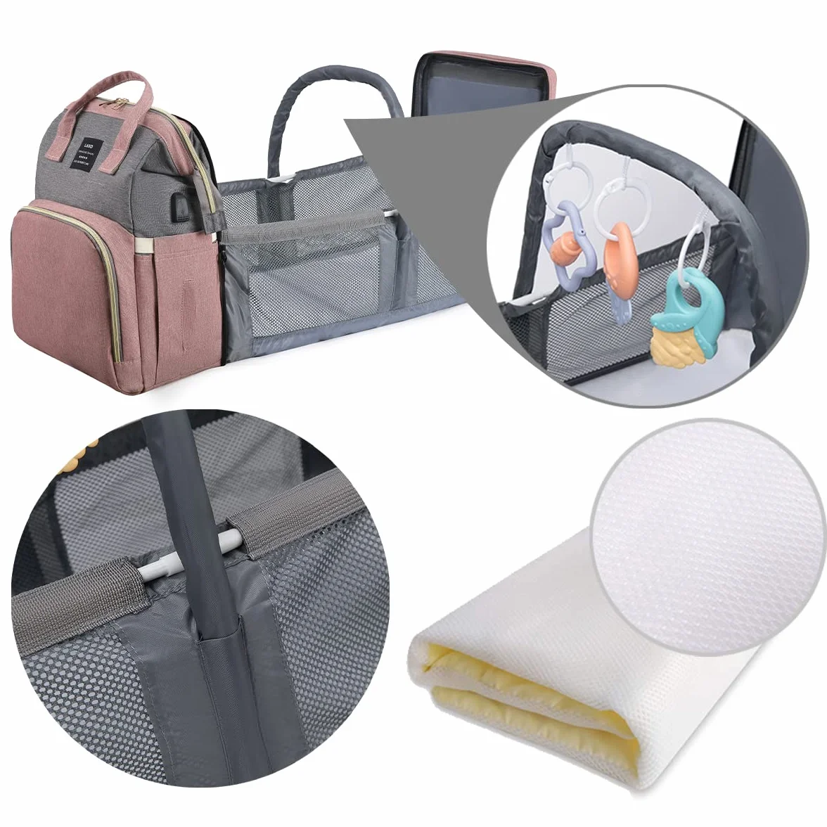 Sac à Langer Bébé Grand Sac à Dos avec Matelas, Moustiquaire et Port USB