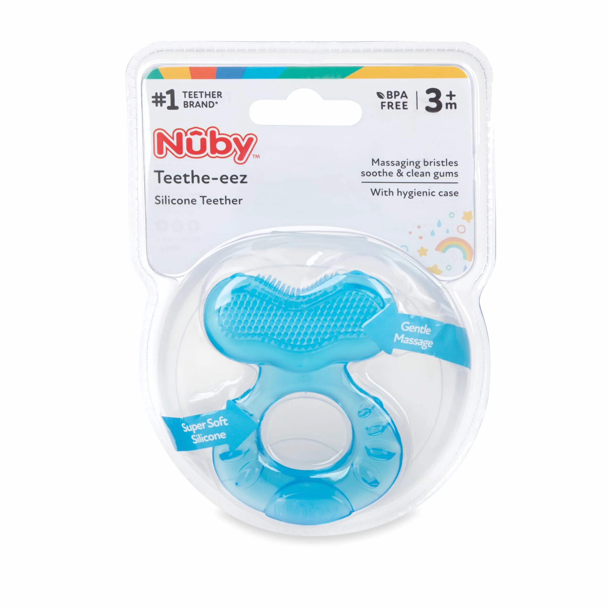 Nuby Teethe-eez anneau de dentition en silicone avec étui hygiénique Bleu 3+ Mois