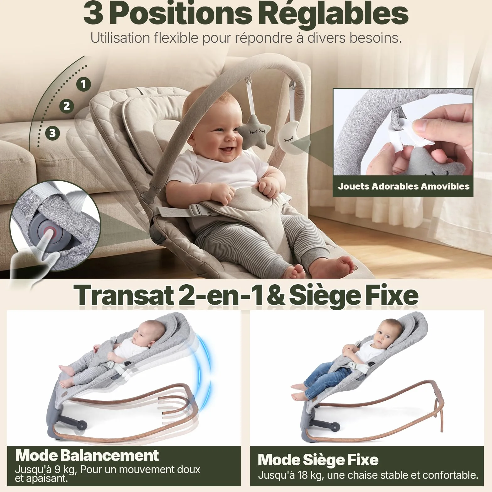 Balancelle Bebe Electrique Evolutif avec Capteur de Tapotement, 3 Vitesses, Panneau Tactile, 2 Modes Minuterie, 8 Berceuses, 0-12 Mois, 18 kg, Gris Perle