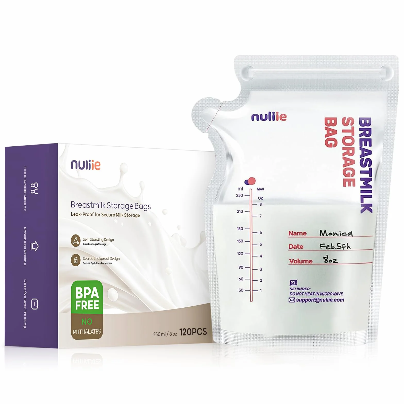 Sachets de Conservation Lait Maternel 250ml Lot de 120, Pré-stérilisés, Sans BPA, Double Glissière